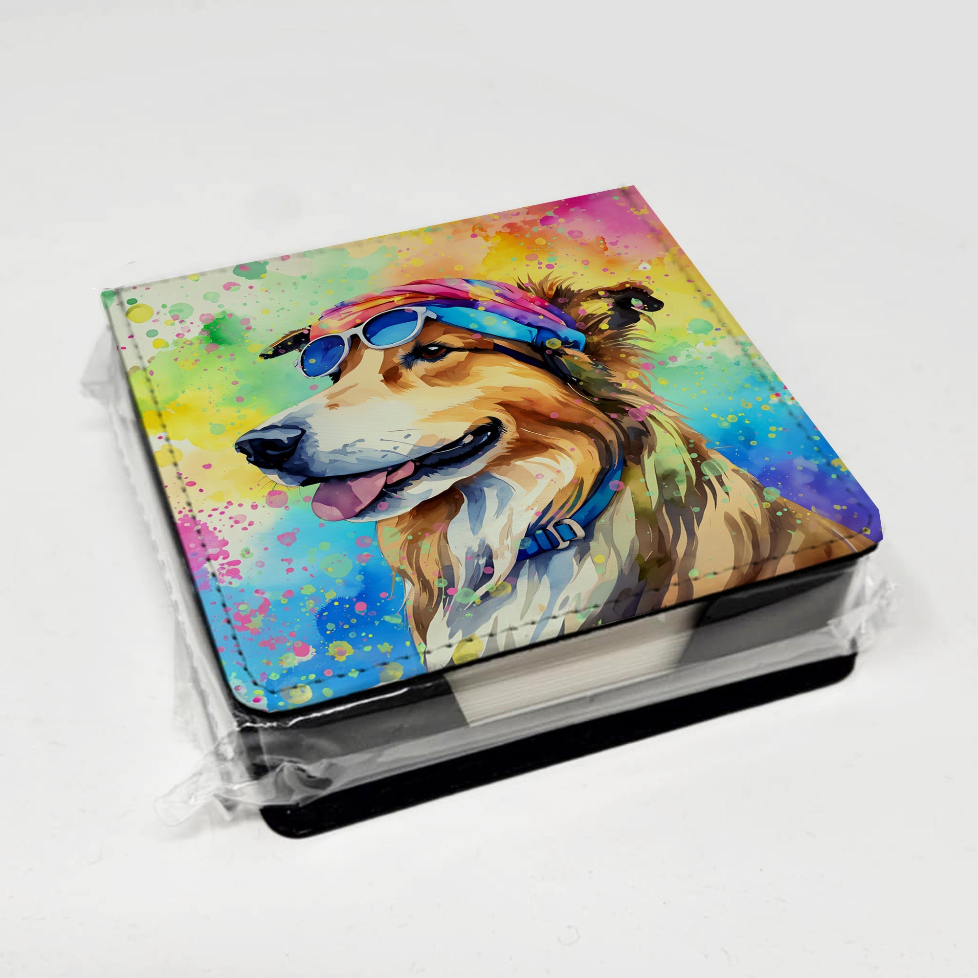 Collie Hippie Dawg PU Leather Note Paper Holder with Artist-Designed Cover, Desk Accessory, Office Gift