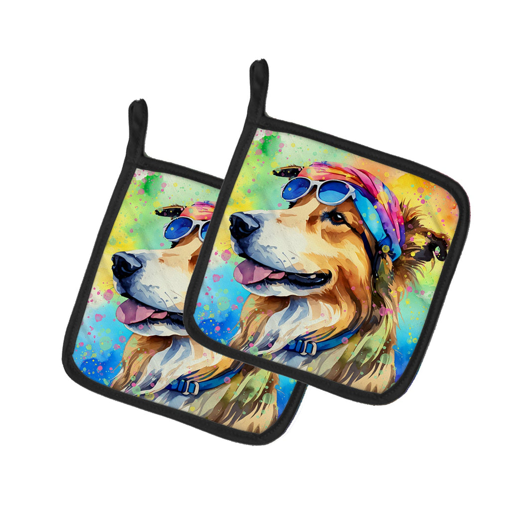 Collie Hippie Dawg Pot Holder Set of 2 Heat Resistant Quilted Hot Pads 7.5 x 7.5 Inch, Insulated Kitchen Trivets for Cooking & Baking
