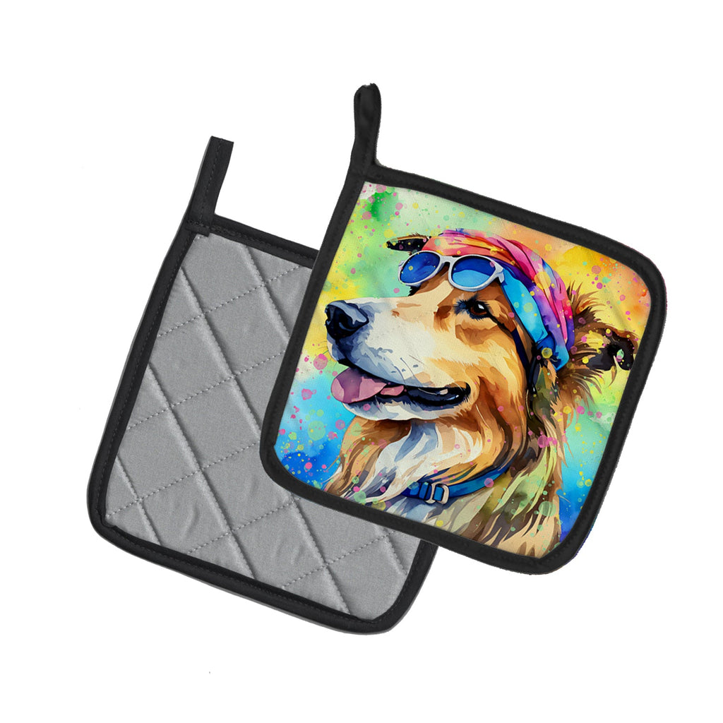 Collie Hippie Dawg Pot Holder Set of 2 Heat Resistant Quilted Hot Pads 7.5 x 7.5 Inch, Insulated Kitchen Trivets for Cooking & Baking