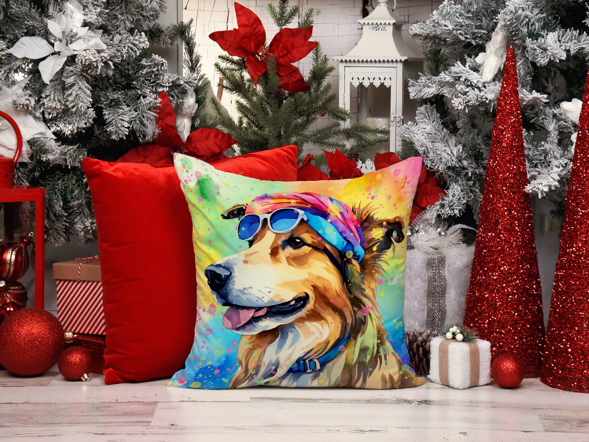Collie Hippie Dawg Decorative Throw Pillow 14x14 Indoor Outdoor Accent Cushion, Fabric Cover with Insert for Sofa, Bed, Porch & Living Room
