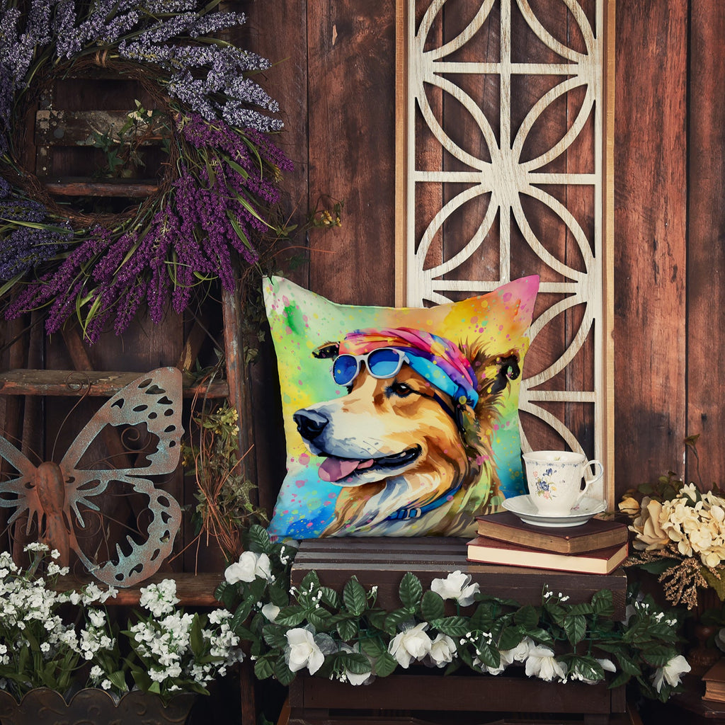 Collie Hippie Dawg Decorative Throw Pillow 14x14 Indoor Outdoor Accent Cushion, Fabric Cover with Insert for Sofa, Bed, Porch & Living Room