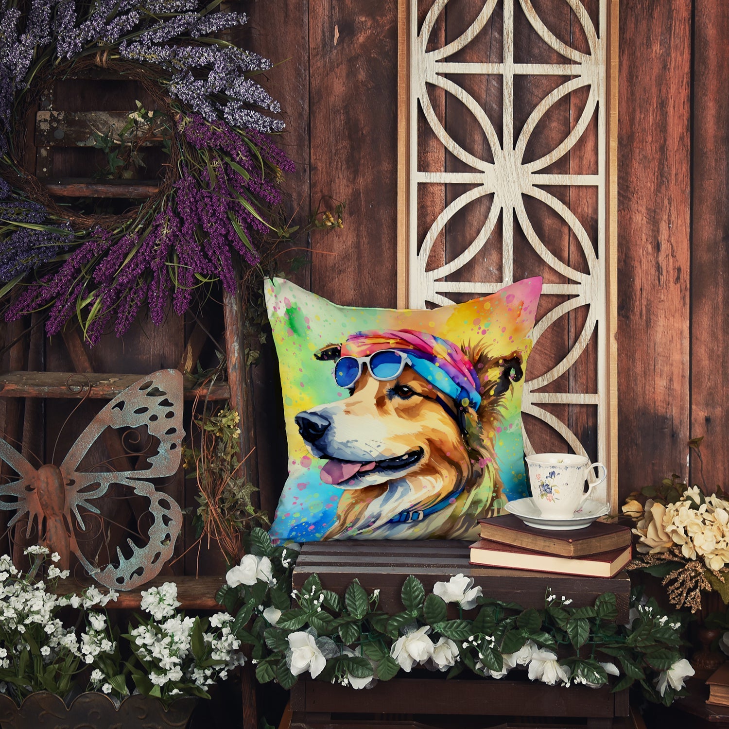 Collie Hippie Dawg Decorative Throw Pillow 14x14 Indoor Outdoor Accent Cushion, Fabric Cover with Insert for Sofa, Bed, Porch & Living Room