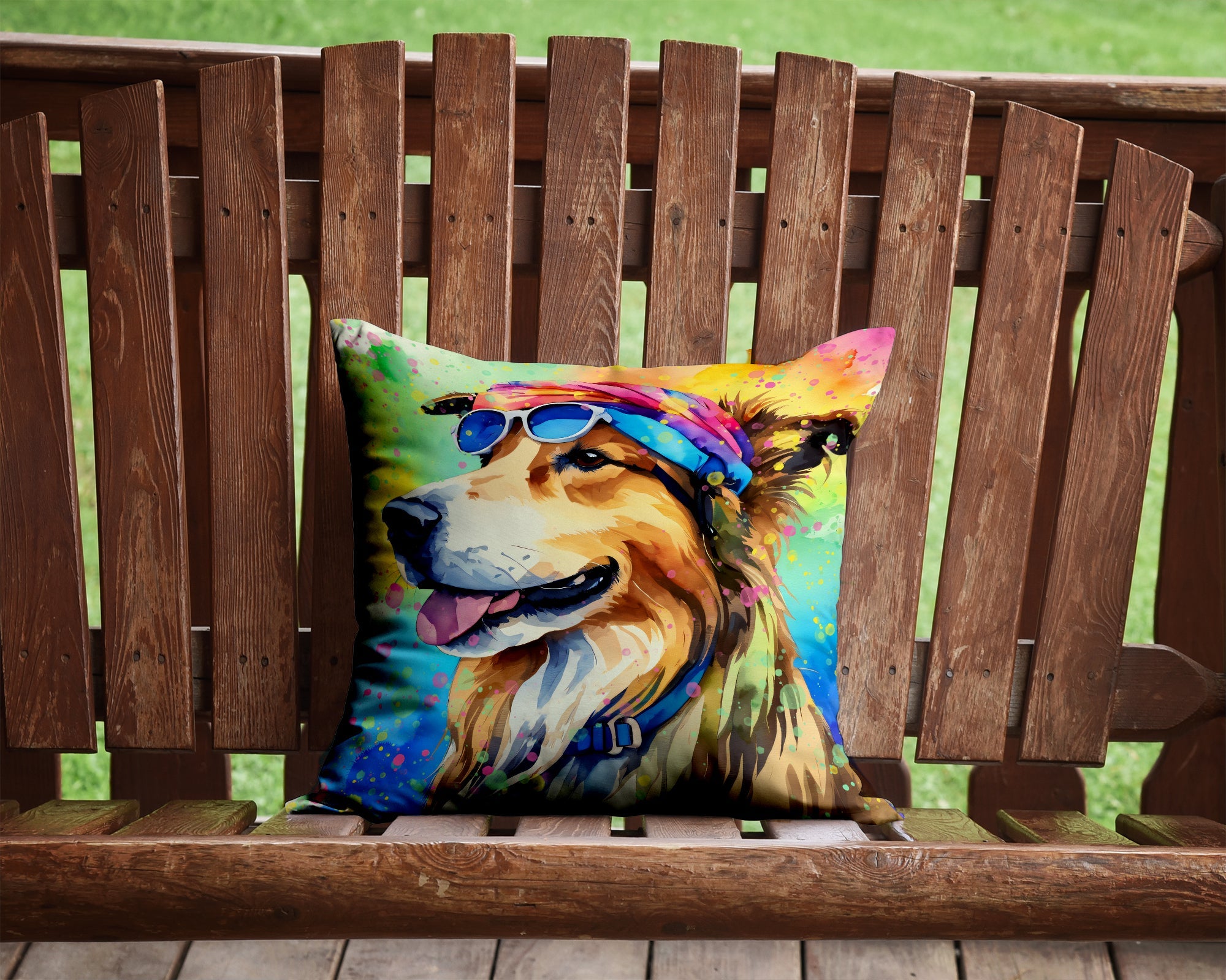Collie Hippie Dawg Decorative Throw Pillow 14x14 Indoor Outdoor Accent Cushion, Fabric Cover with Insert for Sofa, Bed, Porch & Living Room