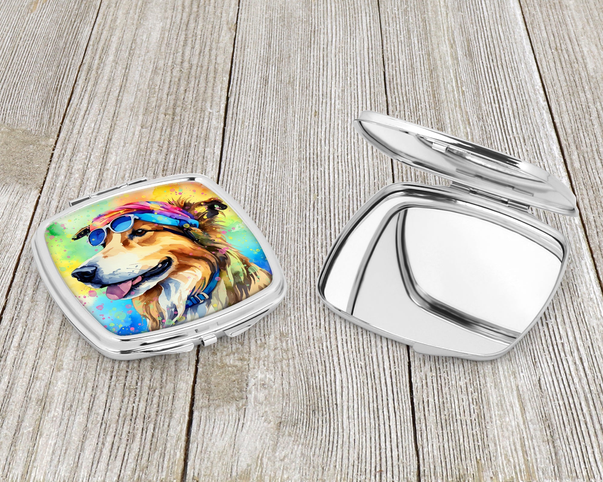 Collie Hippie Dawg Compact Mirror Decorative Travel Makeup Mirror for Women Girls Gifts Pocket Makeup Mirror Folding Handheld