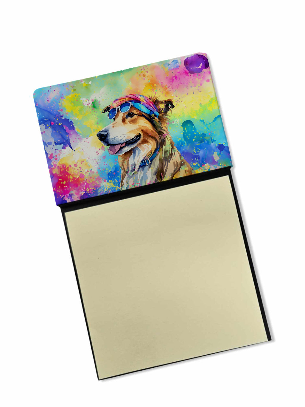 Collie Hippie Dawg Watercolor Sticky Note Holder Refillable Dispenser Desk Accessory 3x3 Pad Gift