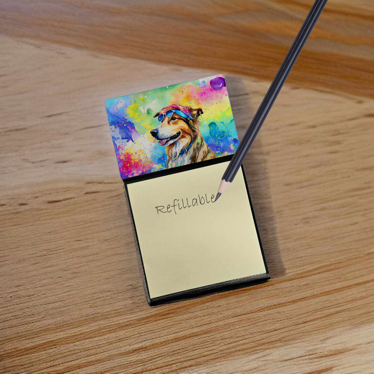 Collie Hippie Dawg Watercolor Sticky Note Holder Refillable Dispenser Desk Accessory 3x3 Pad Gift