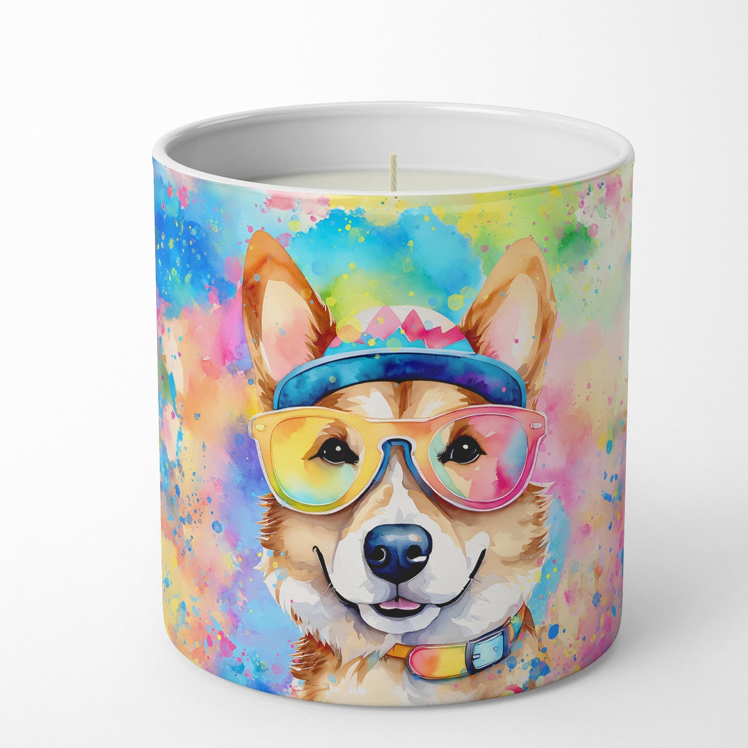 Corgi Hippie Dawg Decorative Soy Candle Nature Soy Wax Essential Oil Home Decor Ideal for Bedroom Kitchen Bath Office Gift, 10 oz