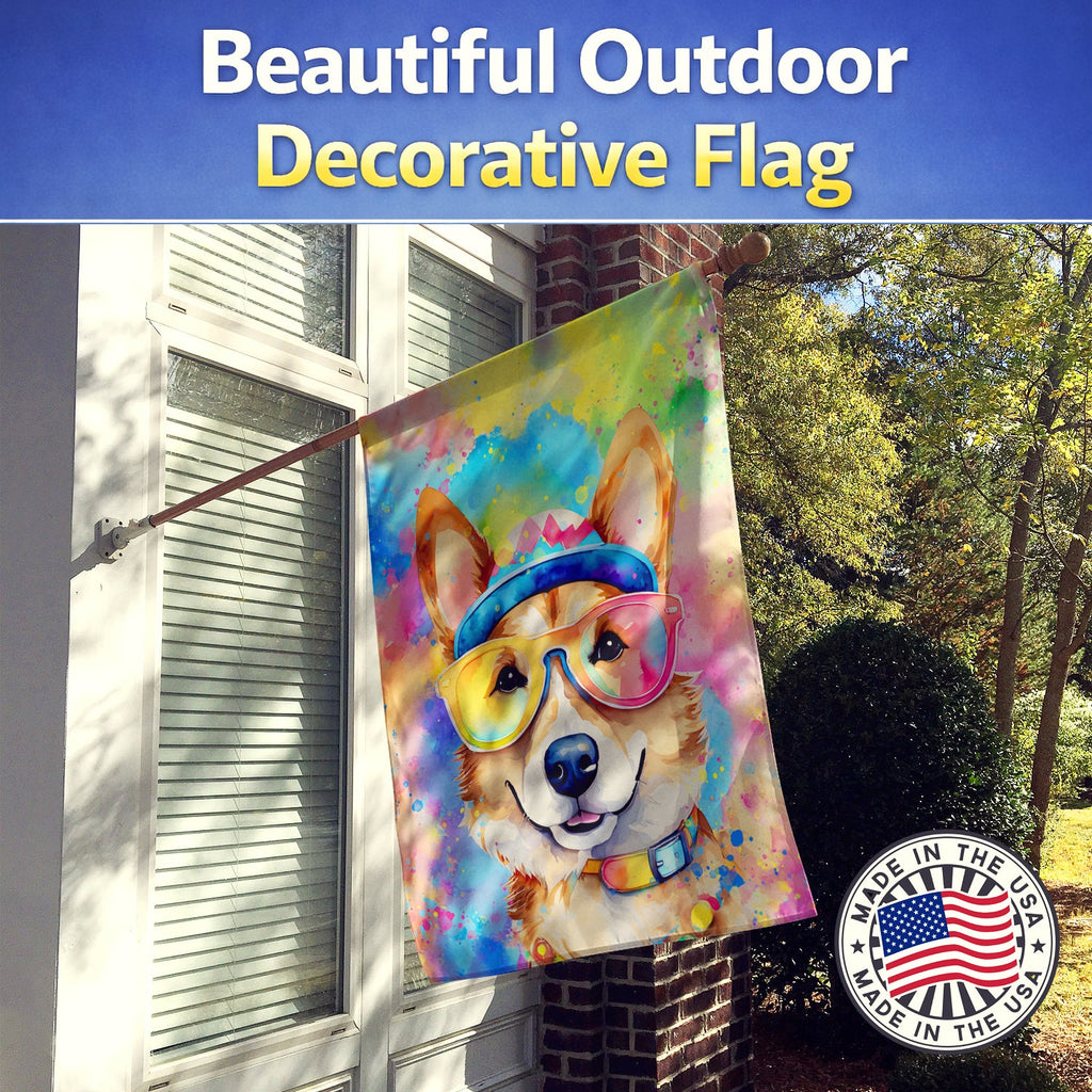 Corgi Hippie Dawg House Flag 28x40 Porch Sleeve Pole Decorative Outside Yard Banner Artwork Wall Hanging, Polyester