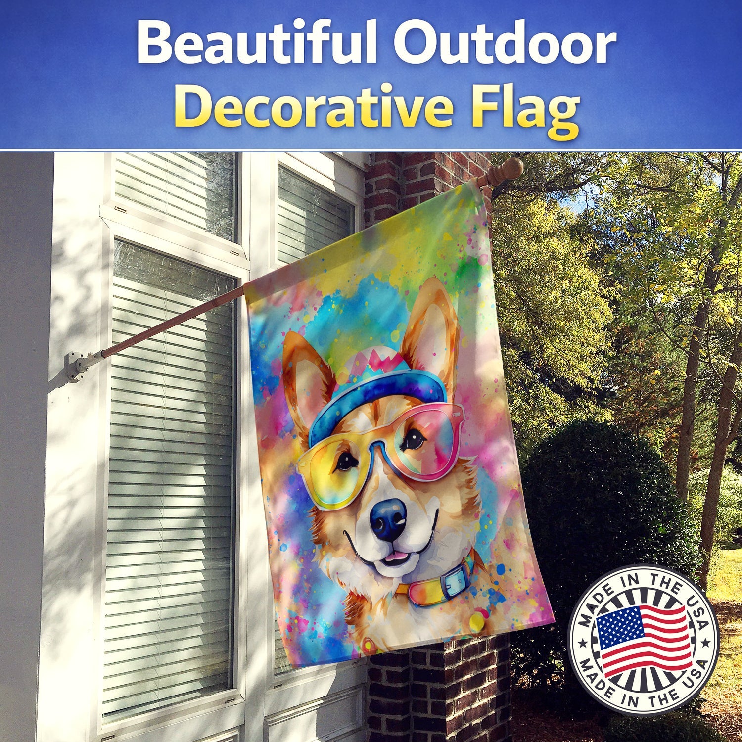 Corgi Hippie Dawg House Flag 28x40 Porch Sleeve Pole Decorative Outside Yard Banner Artwork Wall Hanging, Polyester