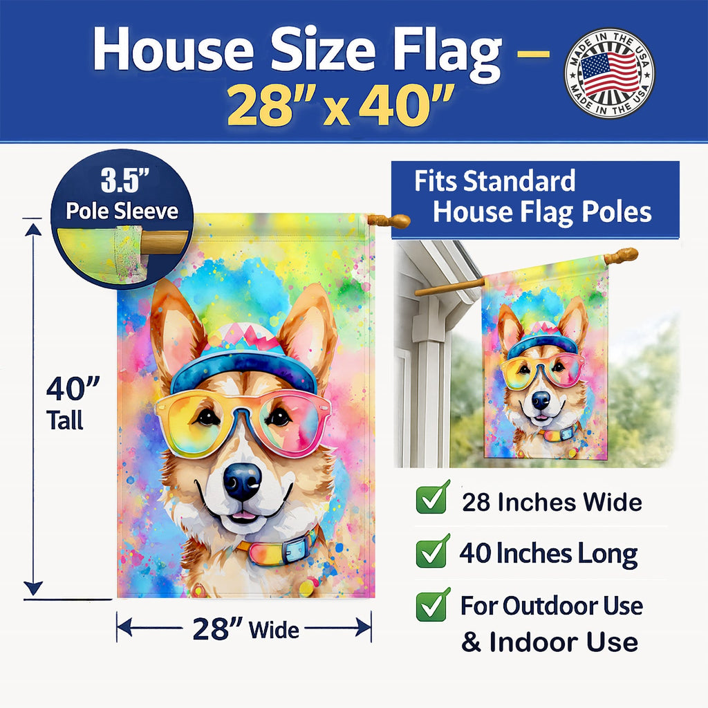 Corgi Hippie Dawg House Flag 28x40 Porch Sleeve Pole Decorative Outside Yard Banner Artwork Wall Hanging, Polyester