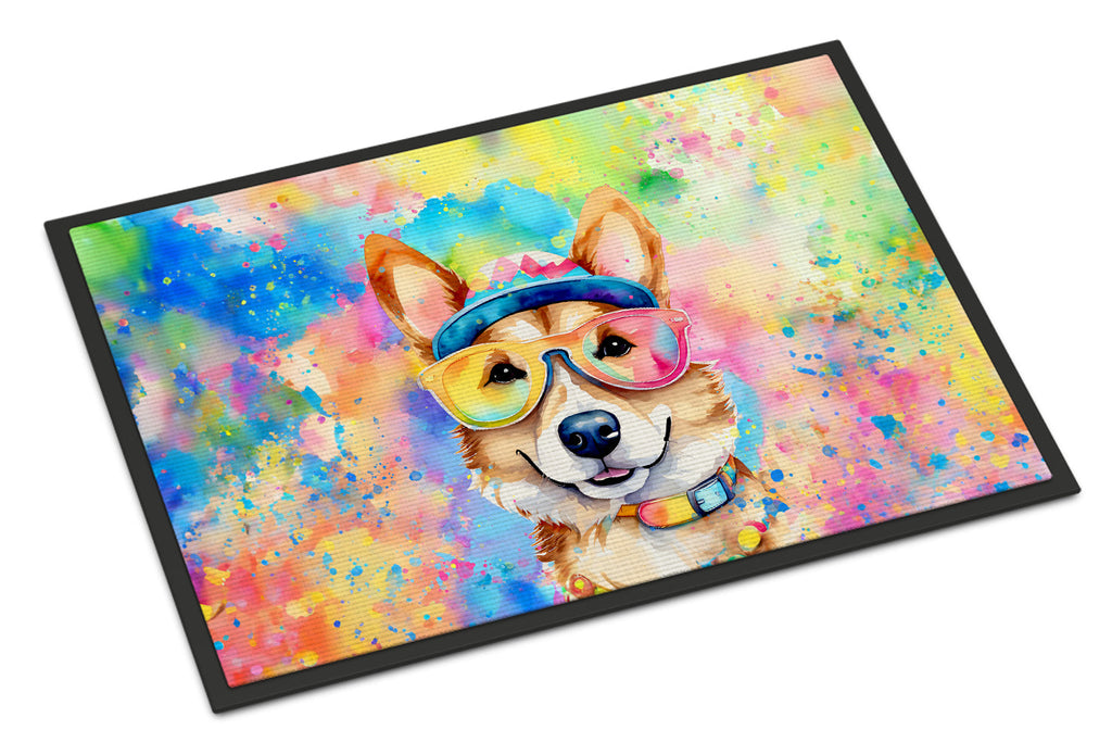 Corgi Hippie Dawg Doormat Indoor Outdoor 24H X 36W Front Door Mat Rugs for Entryway, Non Slip Washable Low Pile,