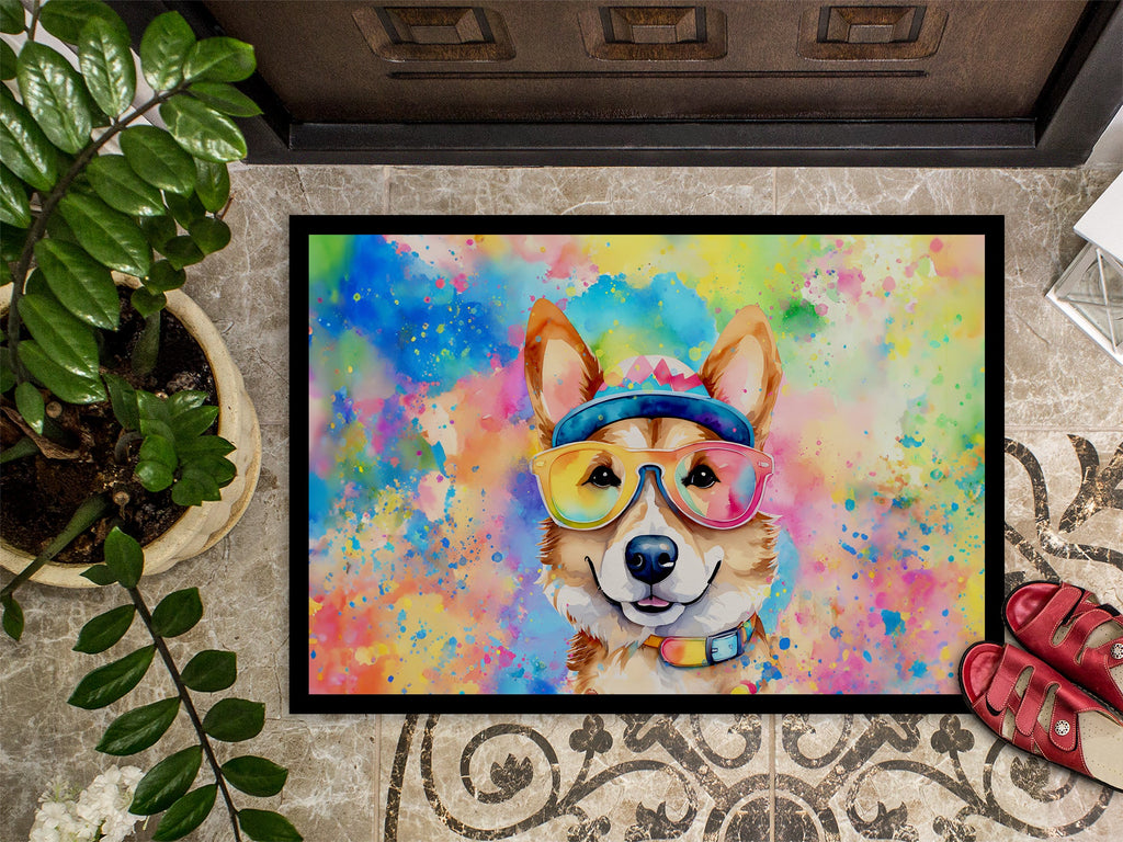 Corgi Hippie Dawg Doormat Indoor Outdoor 24H X 36W Front Door Mat Rugs for Entryway, Non Slip Washable Low Pile,