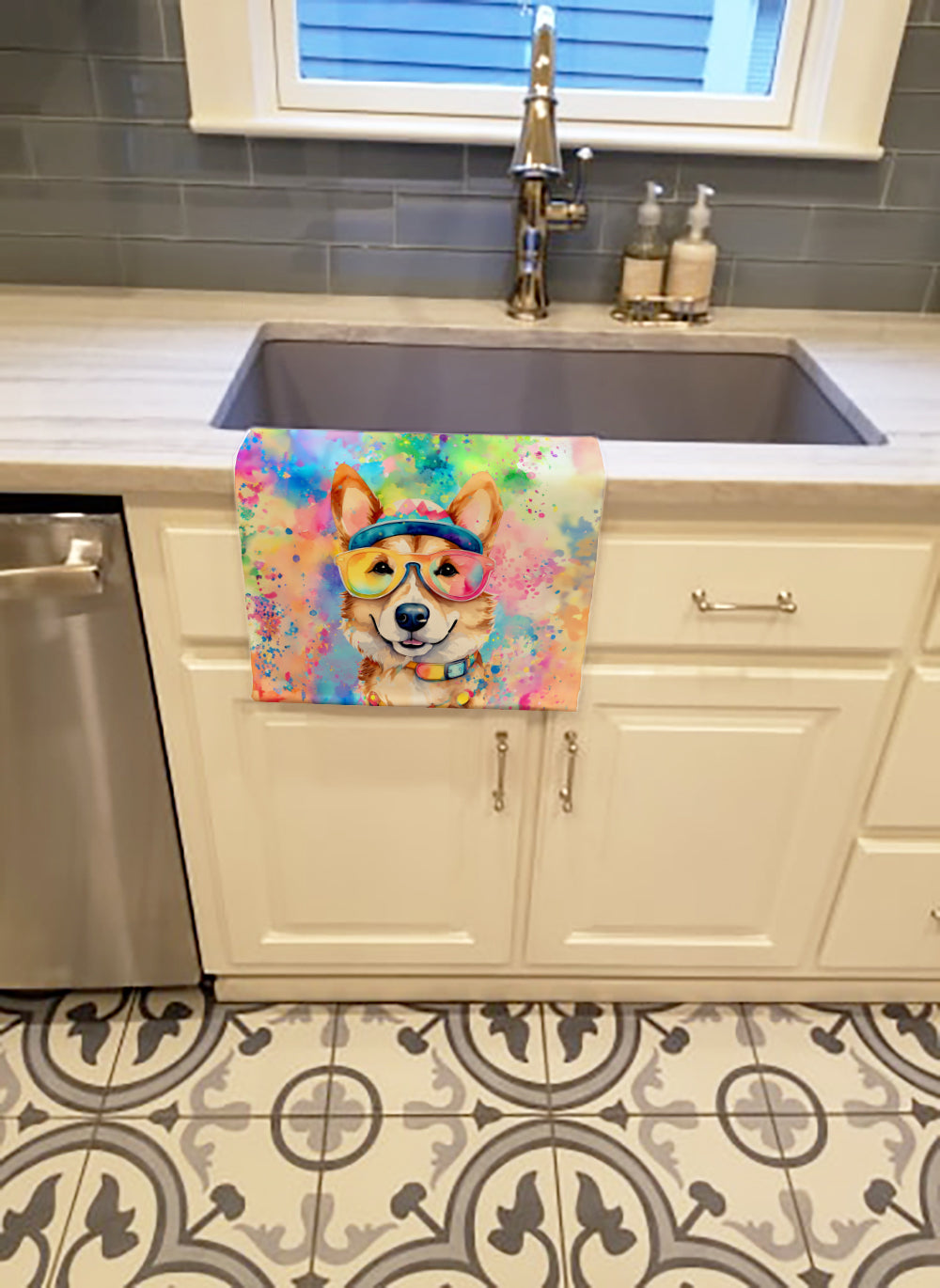 Corgi Hippie Dawg Kitchen Towel Velour Plush Front and Cotton Loop Back Machine Washable