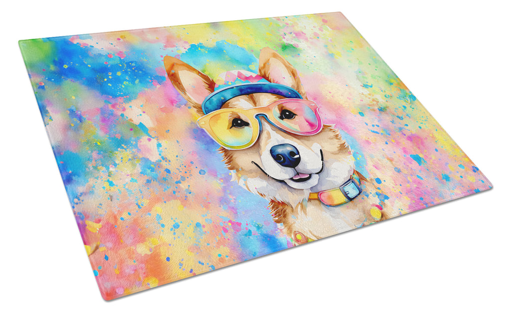 Corgi Hippie Dawg Cutting Board Tempered Glass Kitchen Cutting Surface, Heat Resistant Chopping, Non-Slip Feet, Food Prep & Serving