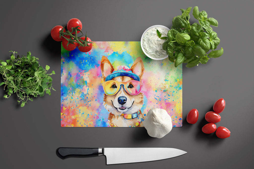 Corgi Hippie Dawg Cutting Board Tempered Glass Kitchen Cutting Surface, Heat Resistant Chopping, Non-Slip Feet, Food Prep & Serving