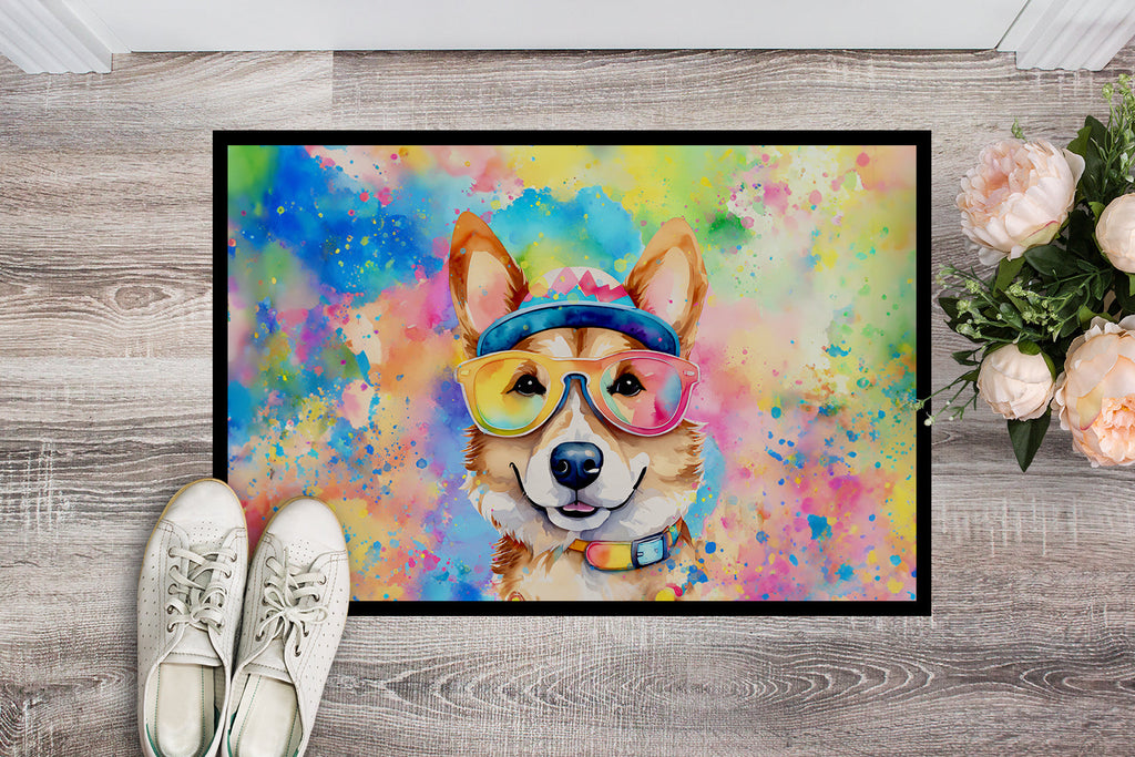 Corgi Hippie Dawg Doormat Indoor Outdoor 18H X 27W Front Door Mat Rugs for Entryway, Non Slip Washable
