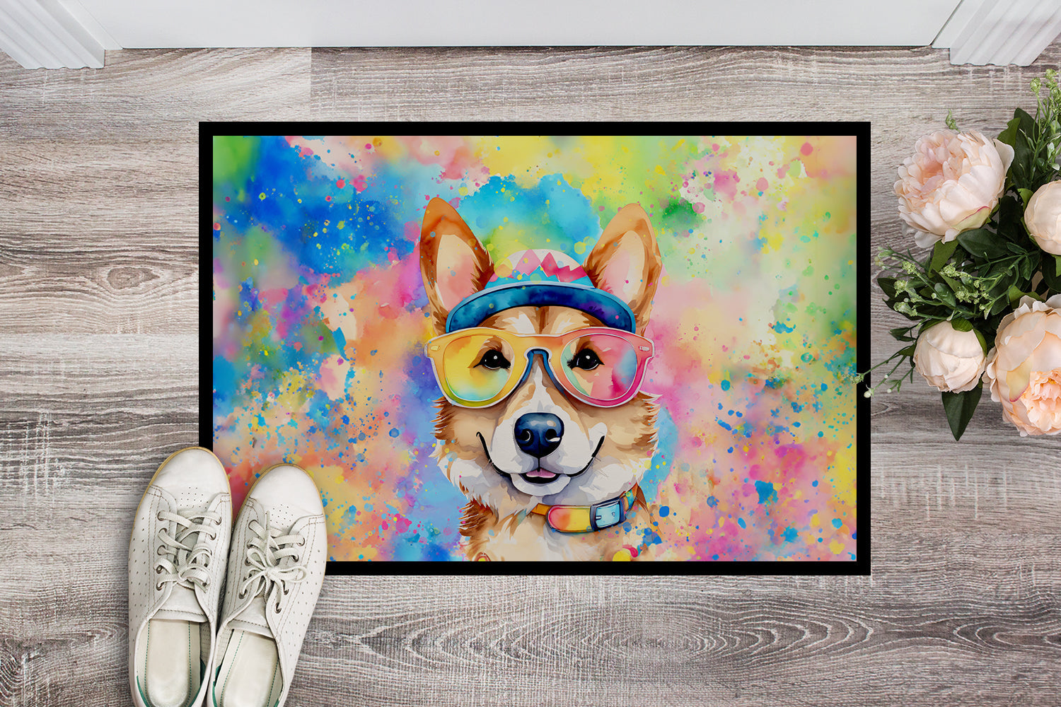 Corgi Hippie Dawg Doormat Indoor Outdoor 18H X 27W Front Door Mat Rugs for Entryway, Non Slip Washable