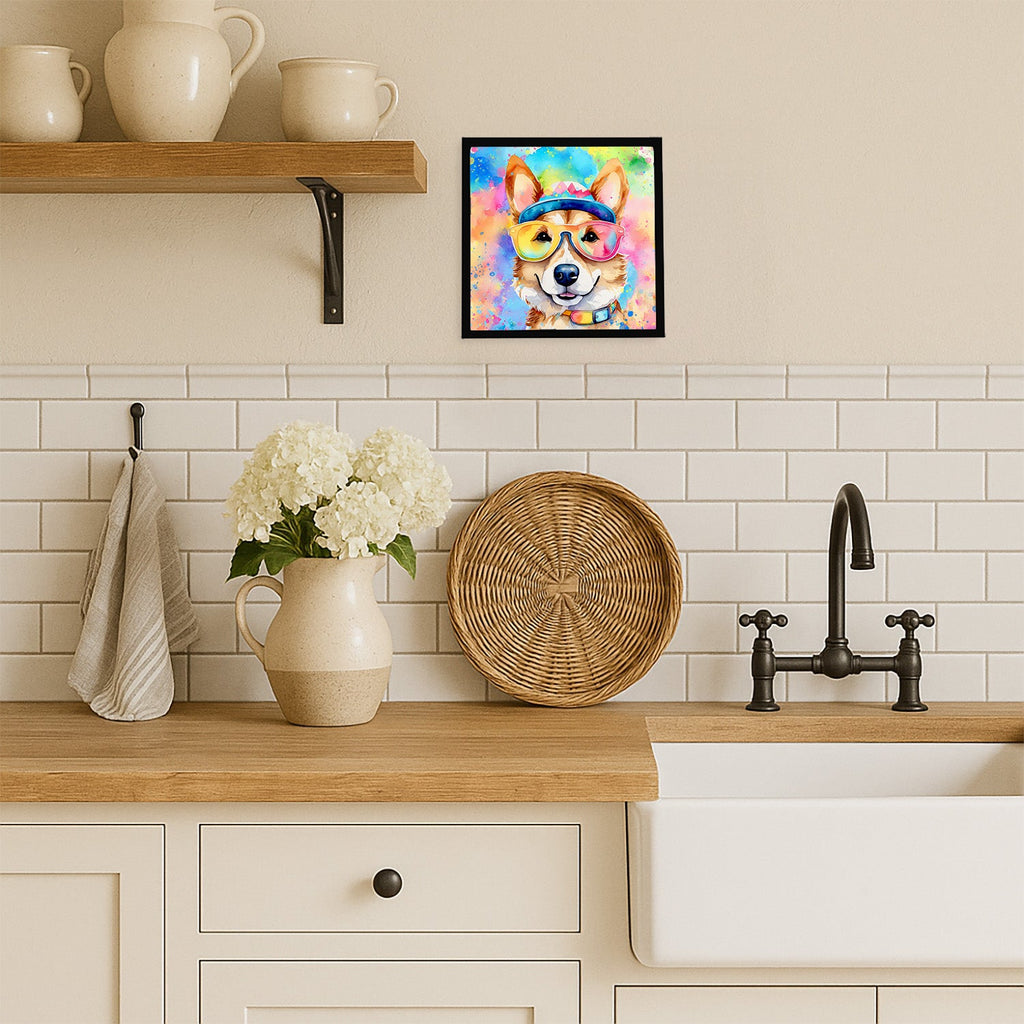 Corgi Hippie Dawg Framed Metal Print Bathroom, Kitchen, Office, Home Decor Wall Art Ready to Hang, Square, 8X8
