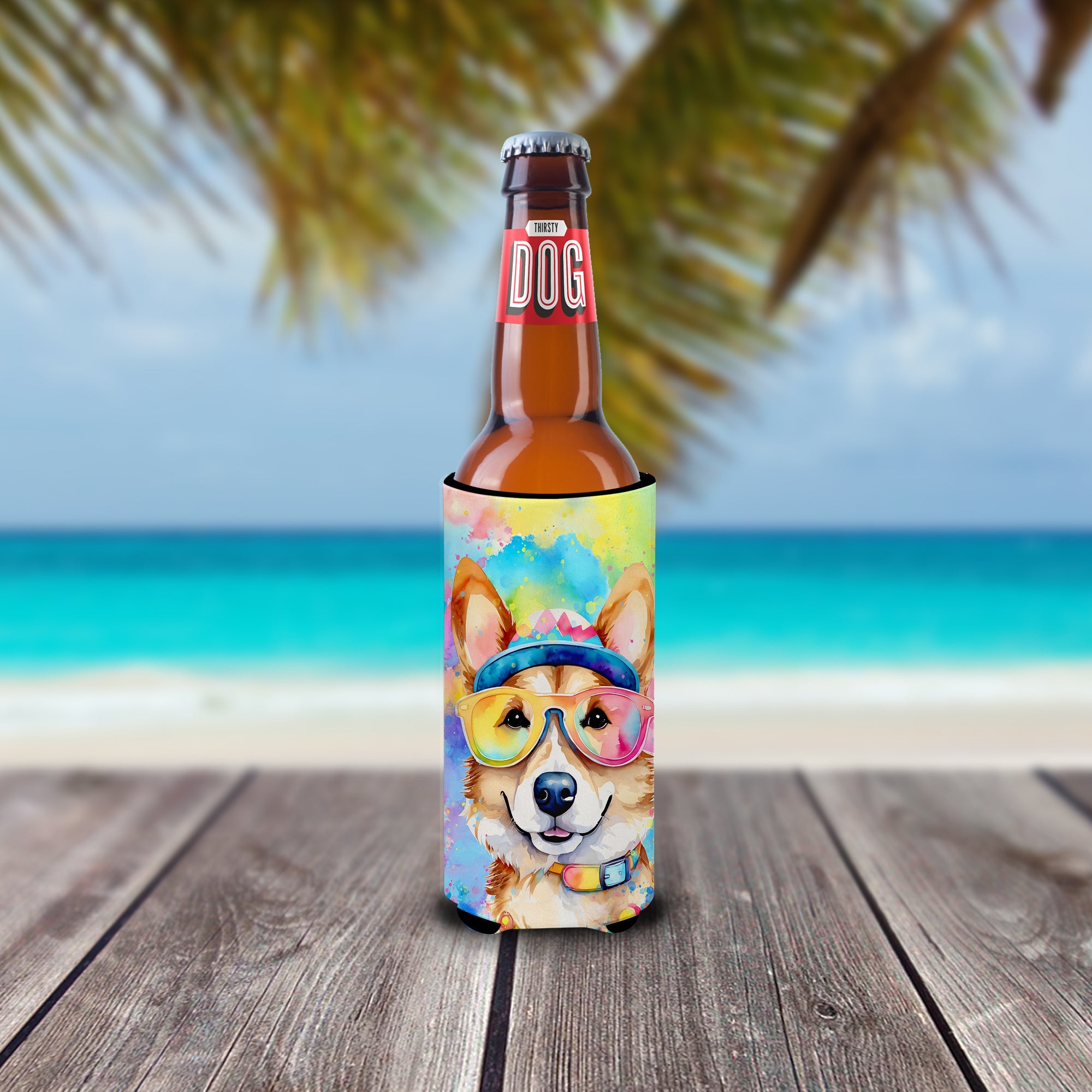 Corgi Hippie Dawg Slim Can Hugger , Insulated Foam Hugger for 12 oz Slim Cans, Beer Bottles & Water Bottles, Printed in USA