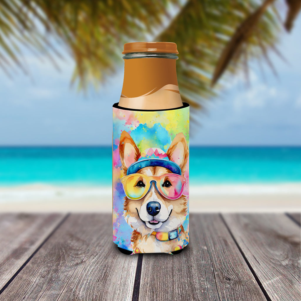Corgi Hippie Dawg Slim Can Hugger , Insulated Foam Hugger for 12 oz Slim Cans, Beer Bottles & Water Bottles, Printed in USA