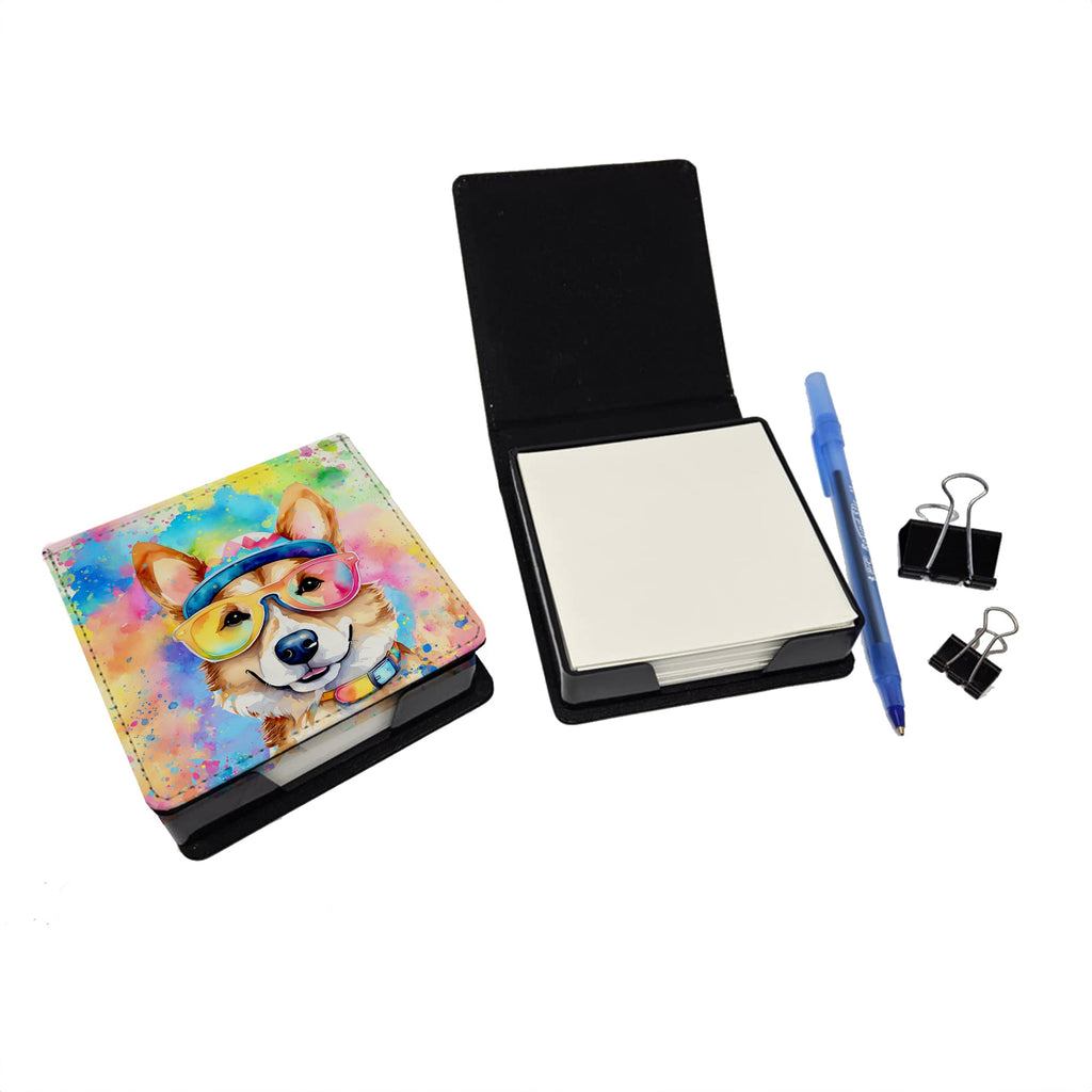 Corgi Hippie Dawg PU Leather Note Paper Holder with Artist-Designed Cover, Desk Accessory, Office Gift