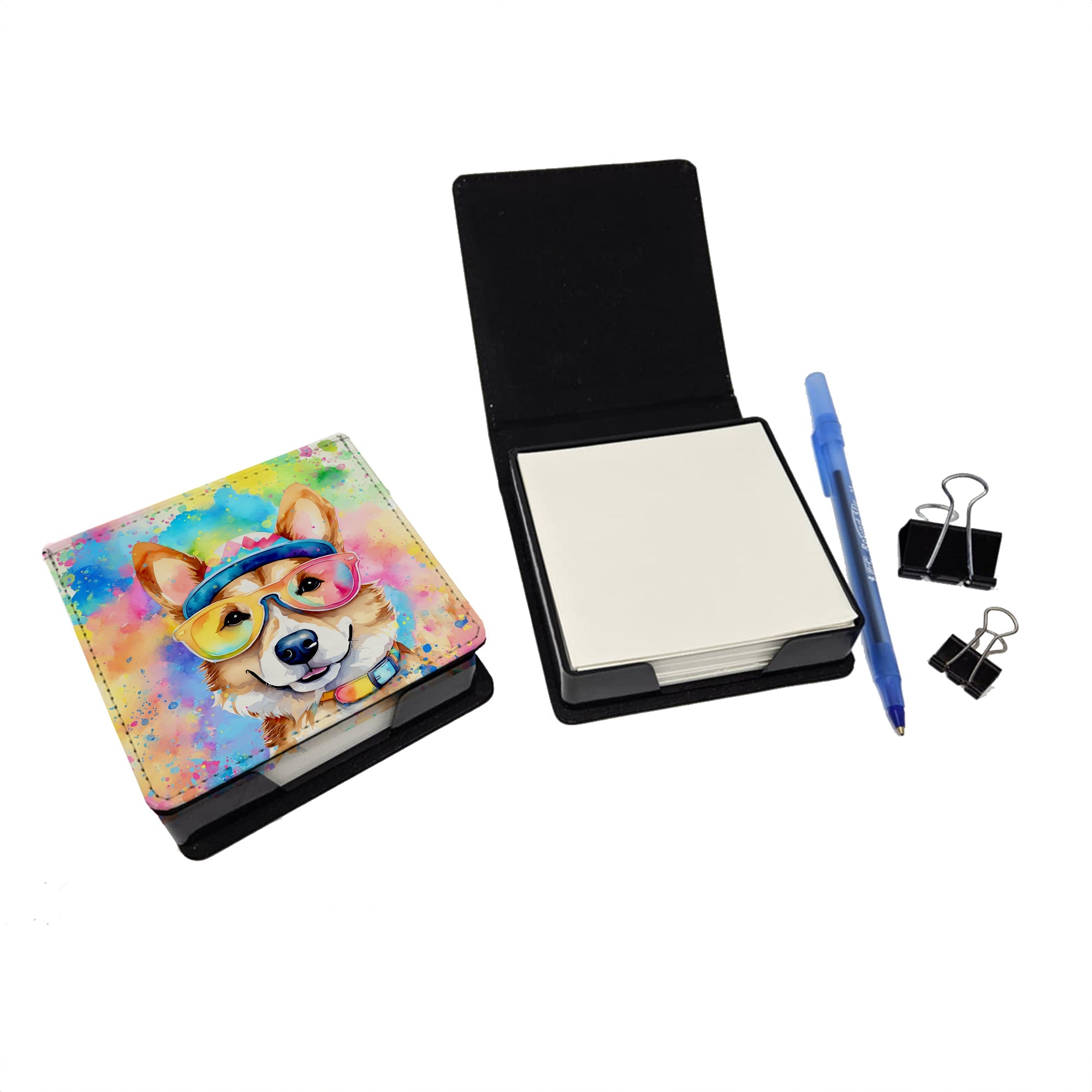 Corgi Hippie Dawg PU Leather Note Paper Holder with Artist-Designed Cover, Desk Accessory, Office Gift
