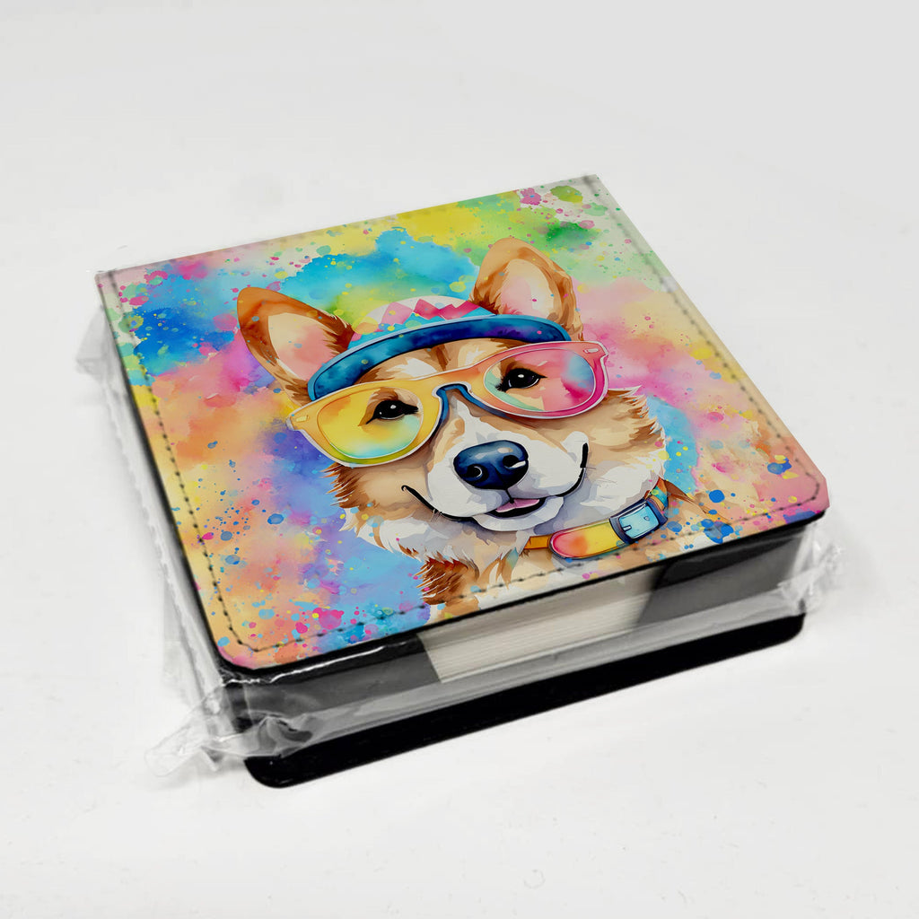 Corgi Hippie Dawg PU Leather Note Paper Holder with Artist-Designed Cover, Desk Accessory, Office Gift