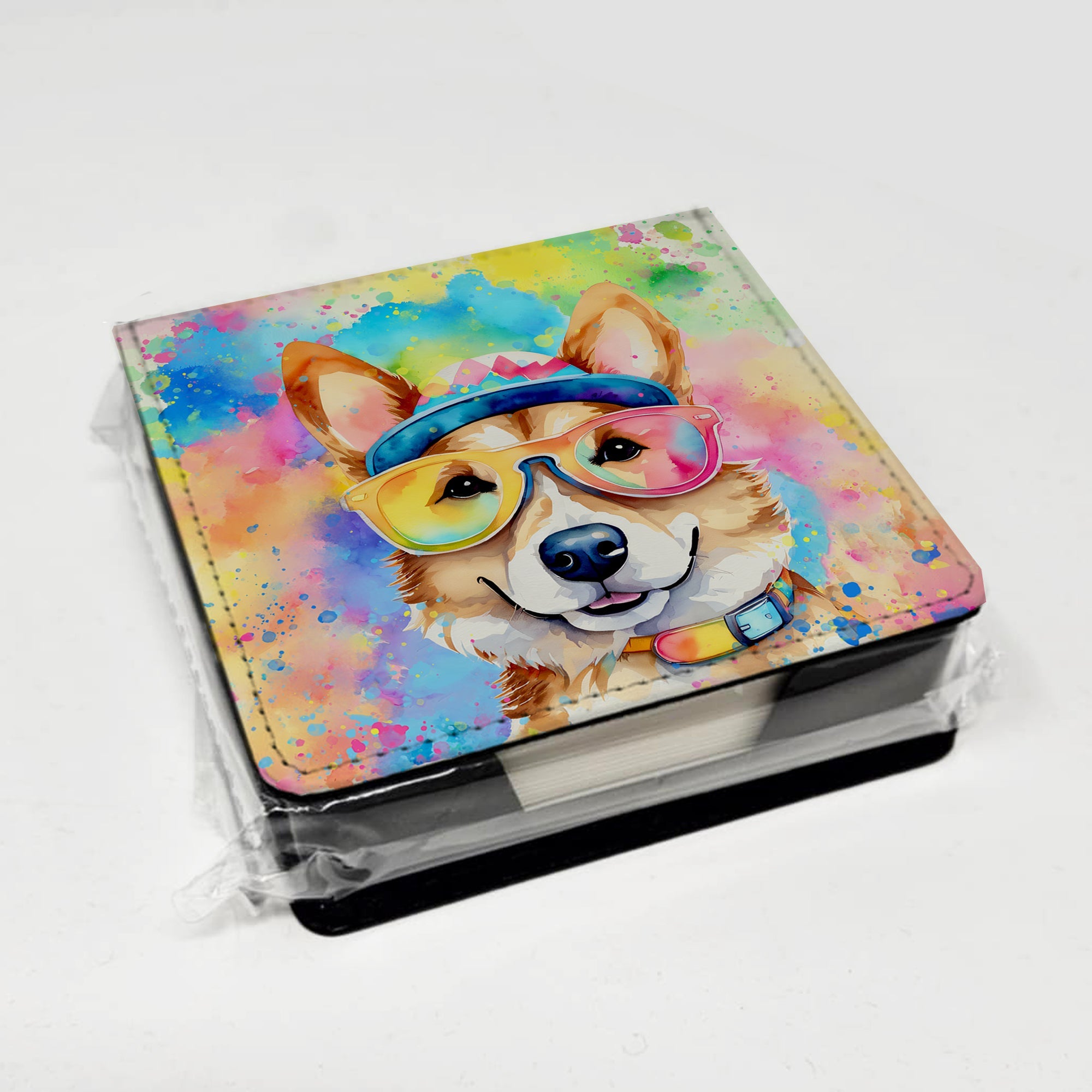 Corgi Hippie Dawg PU Leather Note Paper Holder with Artist-Designed Cover, Desk Accessory, Office Gift