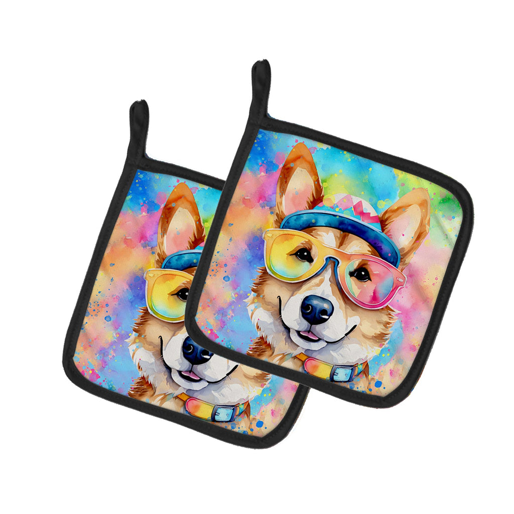 Corgi Hippie Dawg Pot Holder Set of 2 Heat Resistant Quilted Hot Pads 7.5 x 7.5 Inch, Insulated Kitchen Trivets for Cooking & Baking