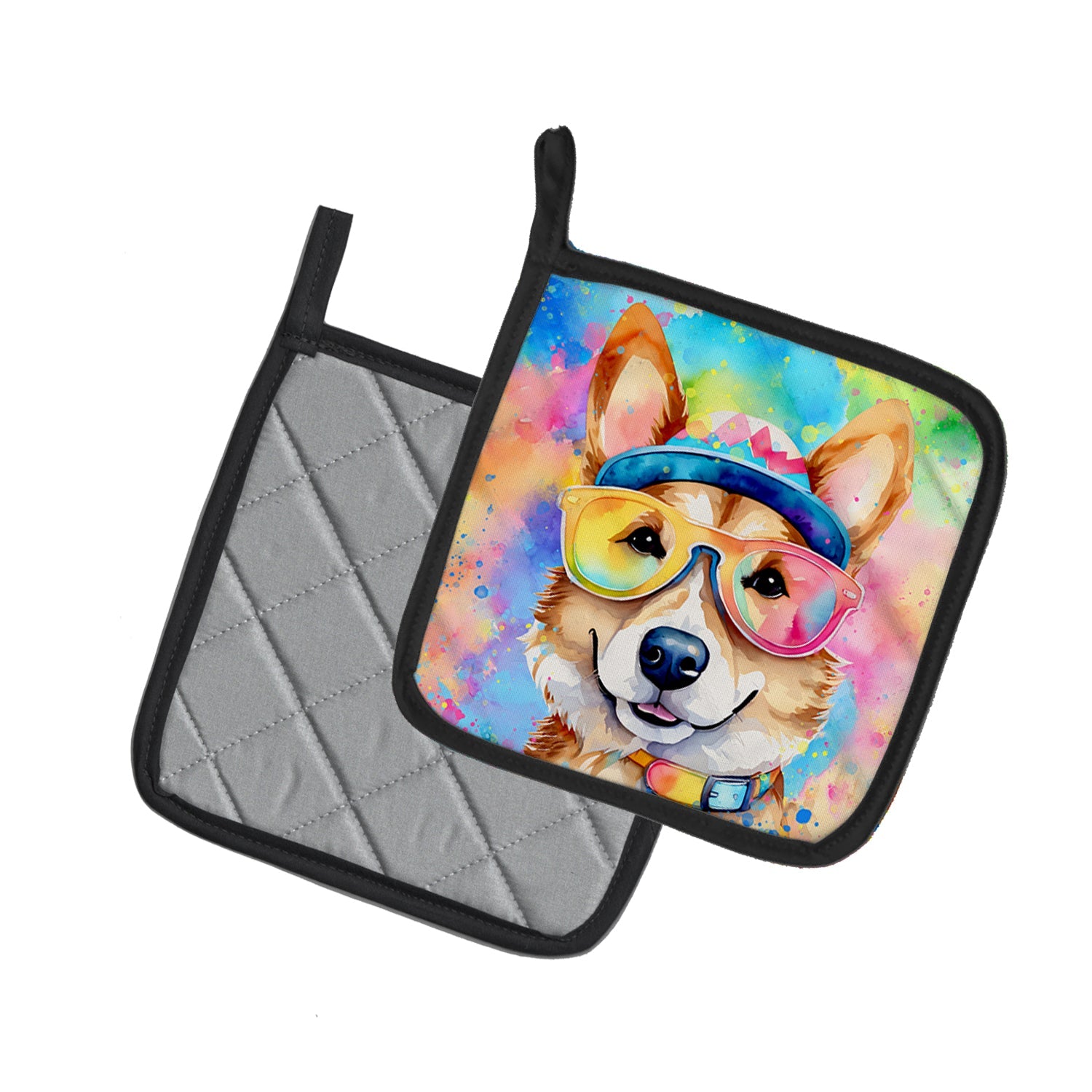 Corgi Hippie Dawg Pot Holder Set of 2 Heat Resistant Quilted Hot Pads 7.5 x 7.5 Inch, Insulated Kitchen Trivets for Cooking & Baking