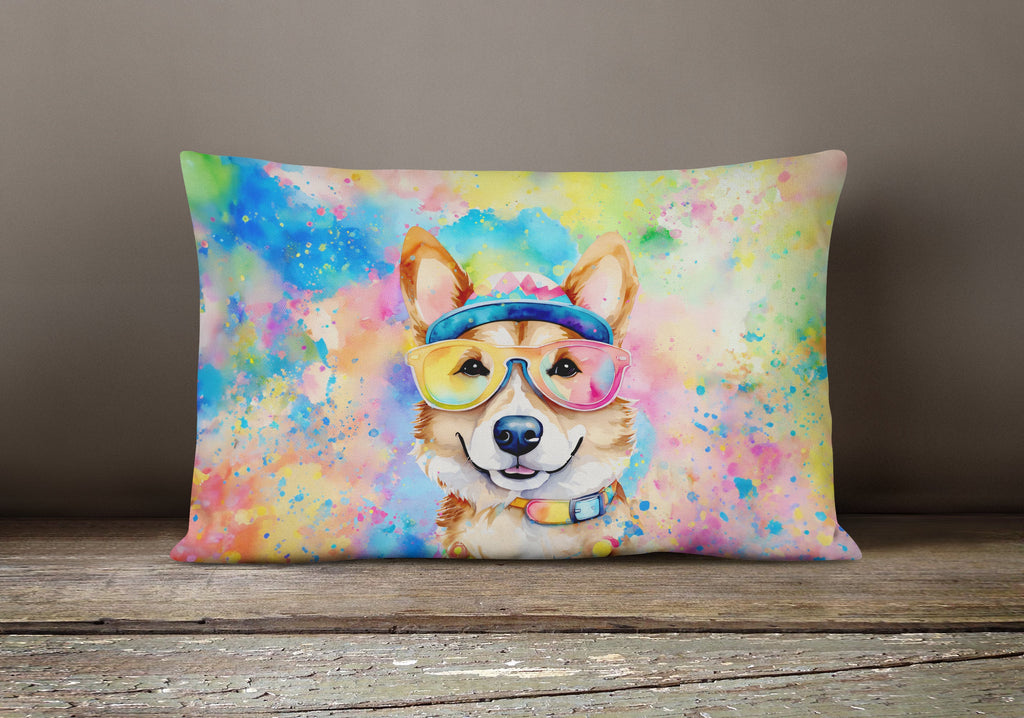 Corgi Hippie Dawg Decorative Throw Pillow 12x16 Indoor Outdoor Accent Cushion, Fabric Cover with Insert for Sofa, Bed, Porch & Living Room