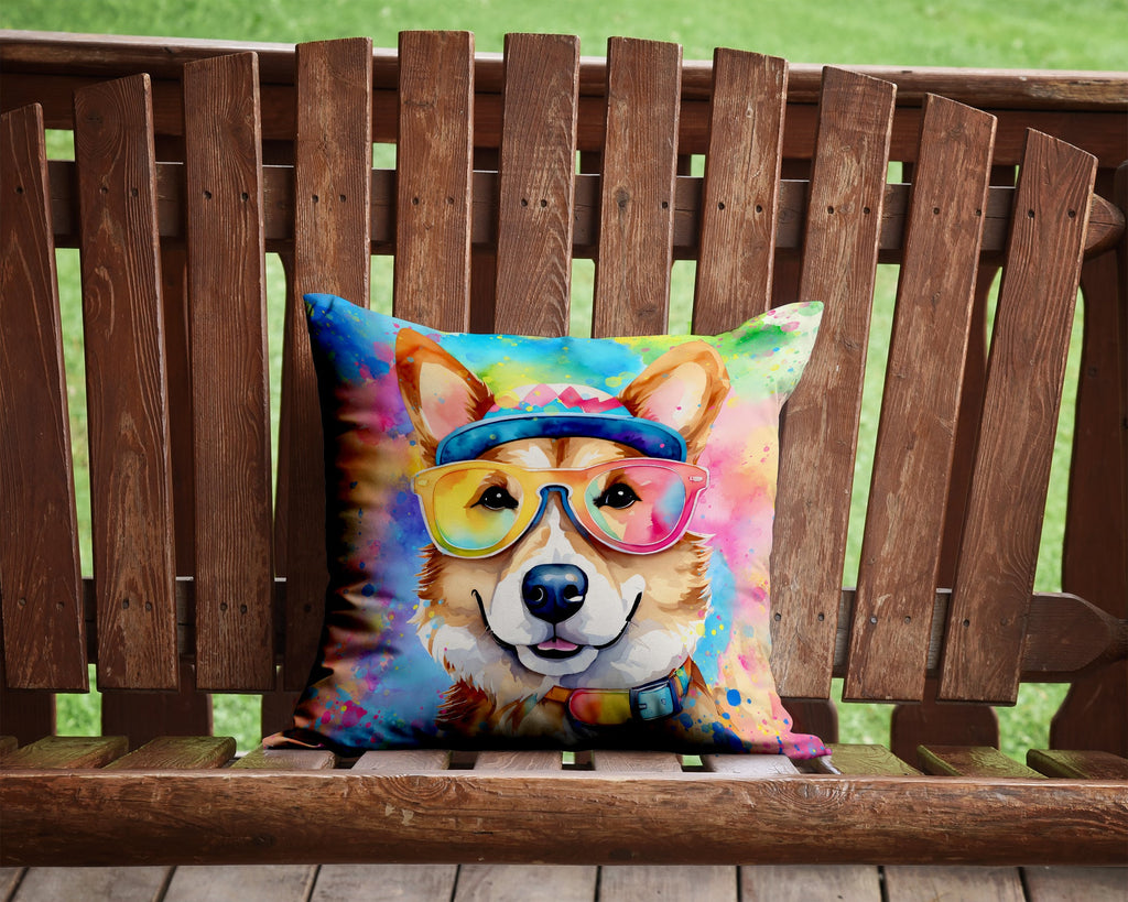 Corgi Hippie Dawg Decorative Throw Pillow 14x14 Indoor Outdoor Accent Cushion, Fabric Cover with Insert for Sofa, Bed, Porch & Living Room