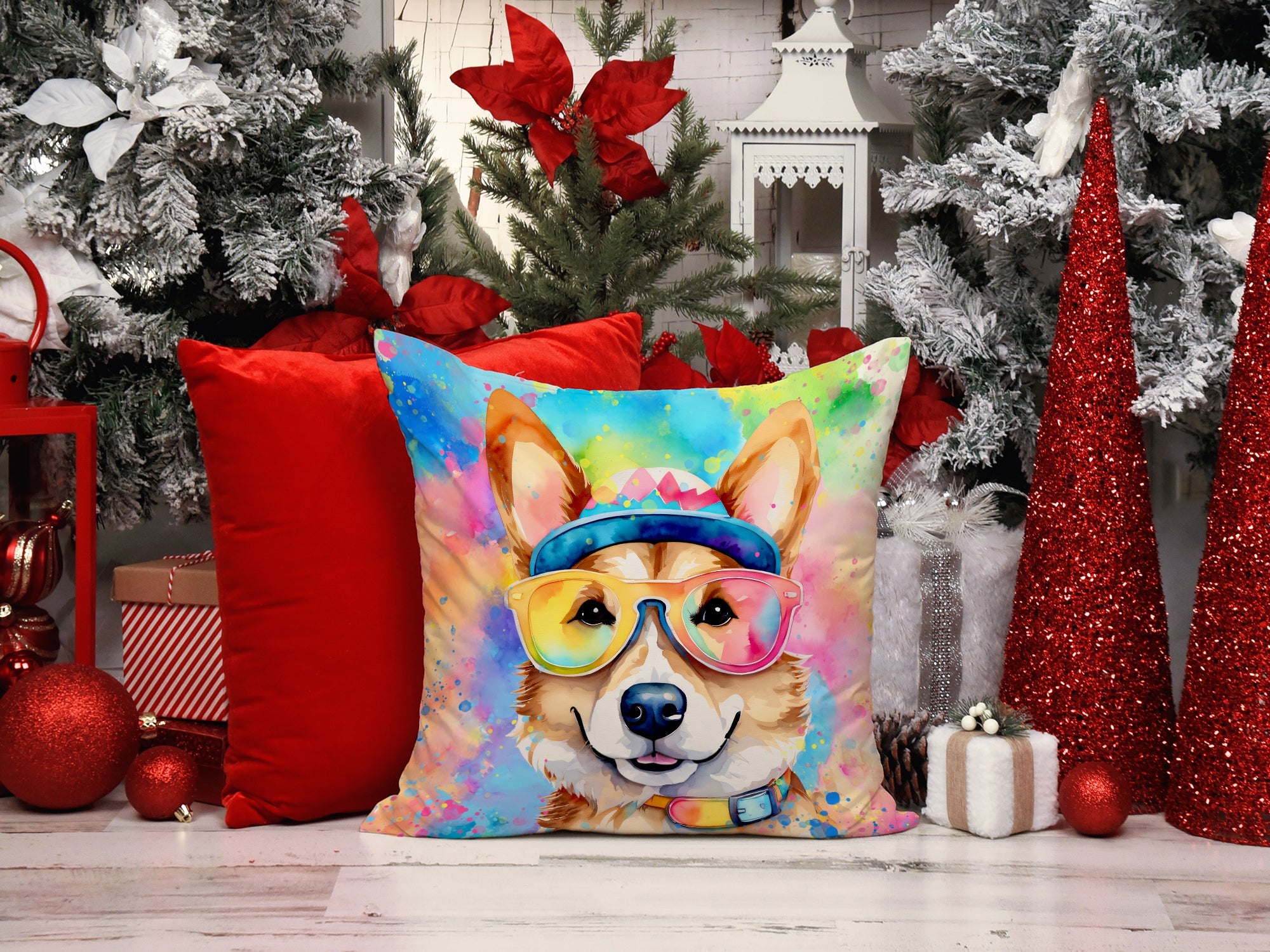 Corgi Hippie Dawg Decorative Throw Pillow 18x18 Indoor Outdoor Accent Cushion, Fabric Cover with Insert for Sofa, Bed, Porch & Living Room