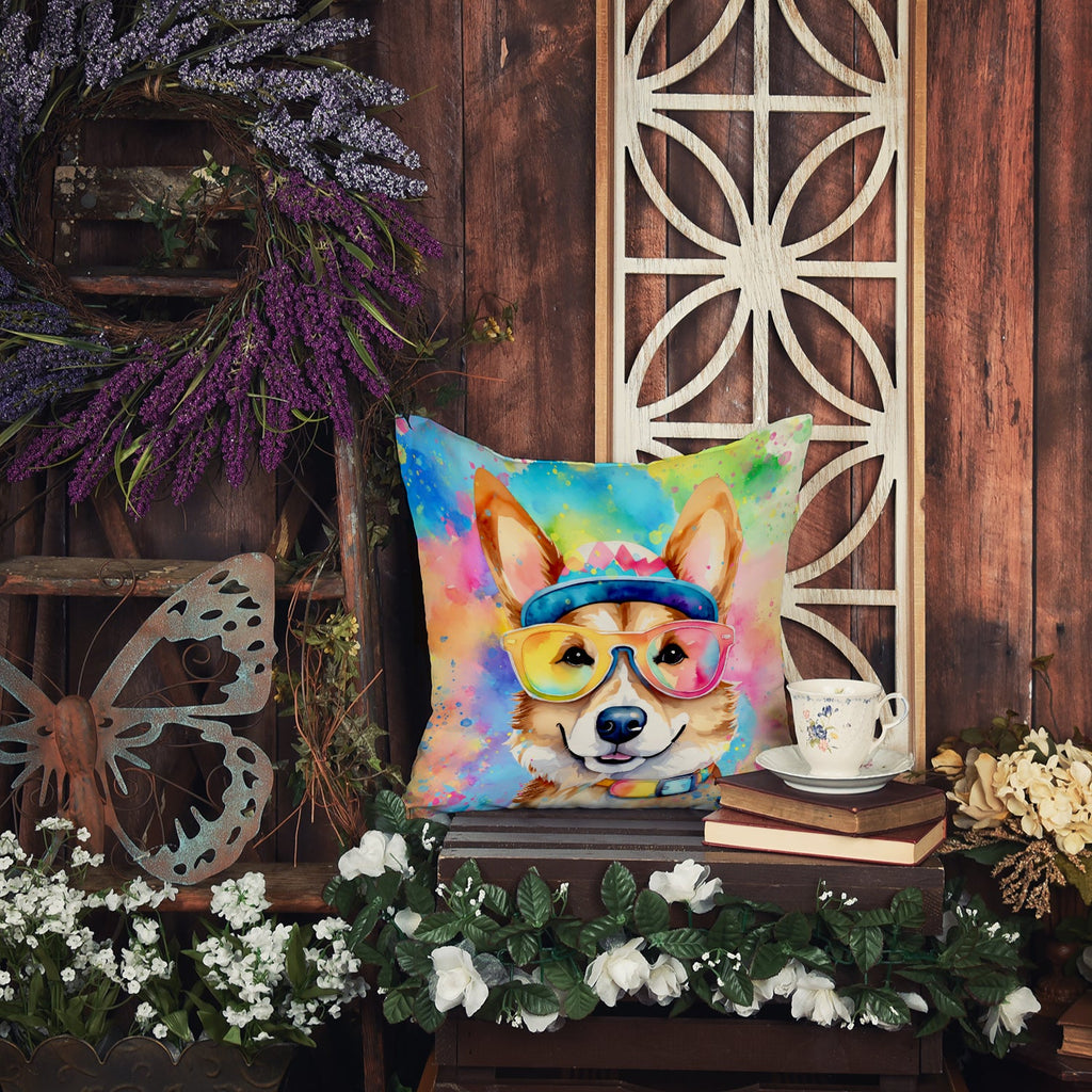 Corgi Hippie Dawg Decorative Throw Pillow 18x18 Indoor Outdoor Accent Cushion, Fabric Cover with Insert for Sofa, Bed, Porch & Living Room