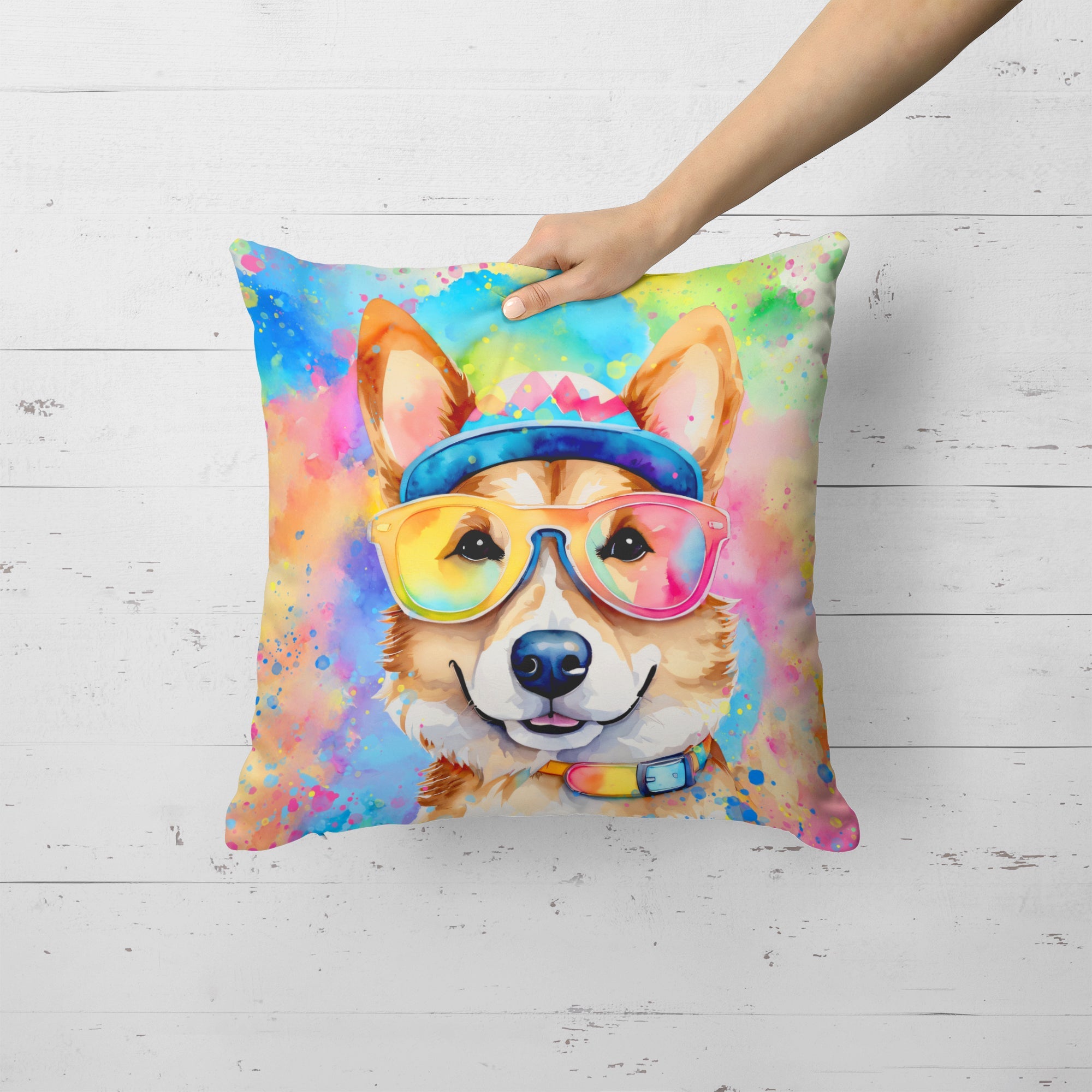 Corgi Hippie Dawg Decorative Throw Pillow 18x18 Indoor Outdoor Accent Cushion, Fabric Cover with Insert for Sofa, Bed, Porch & Living Room