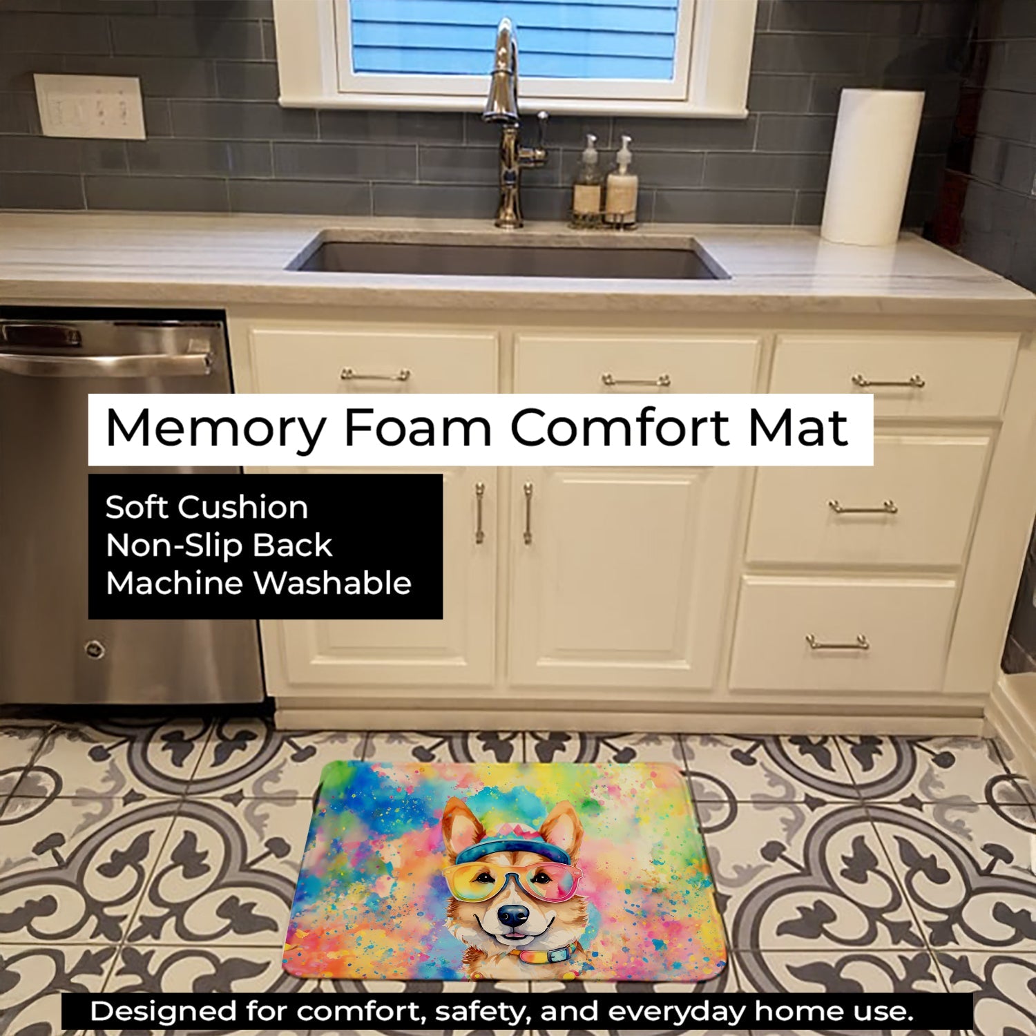 Corgi Hippie Dawg Memory Foam Kitchen Mat Machine Washable Anti-Fatigue Cushion Comfort Bath or Kitchen Rug
