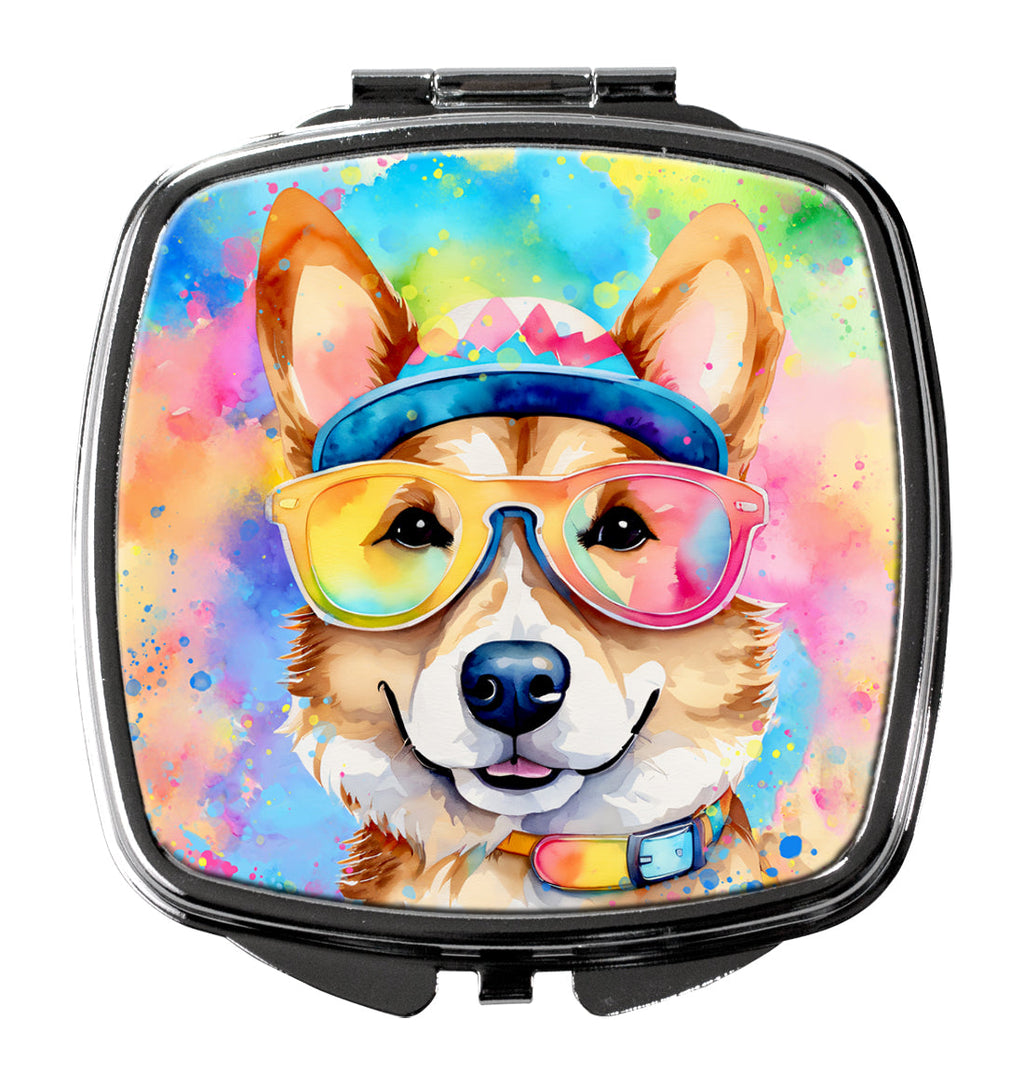 Corgi Hippie Dawg Compact Mirror Decorative Travel Makeup Mirror for Women Girls Gifts Pocket Makeup Mirror Folding Handheld
