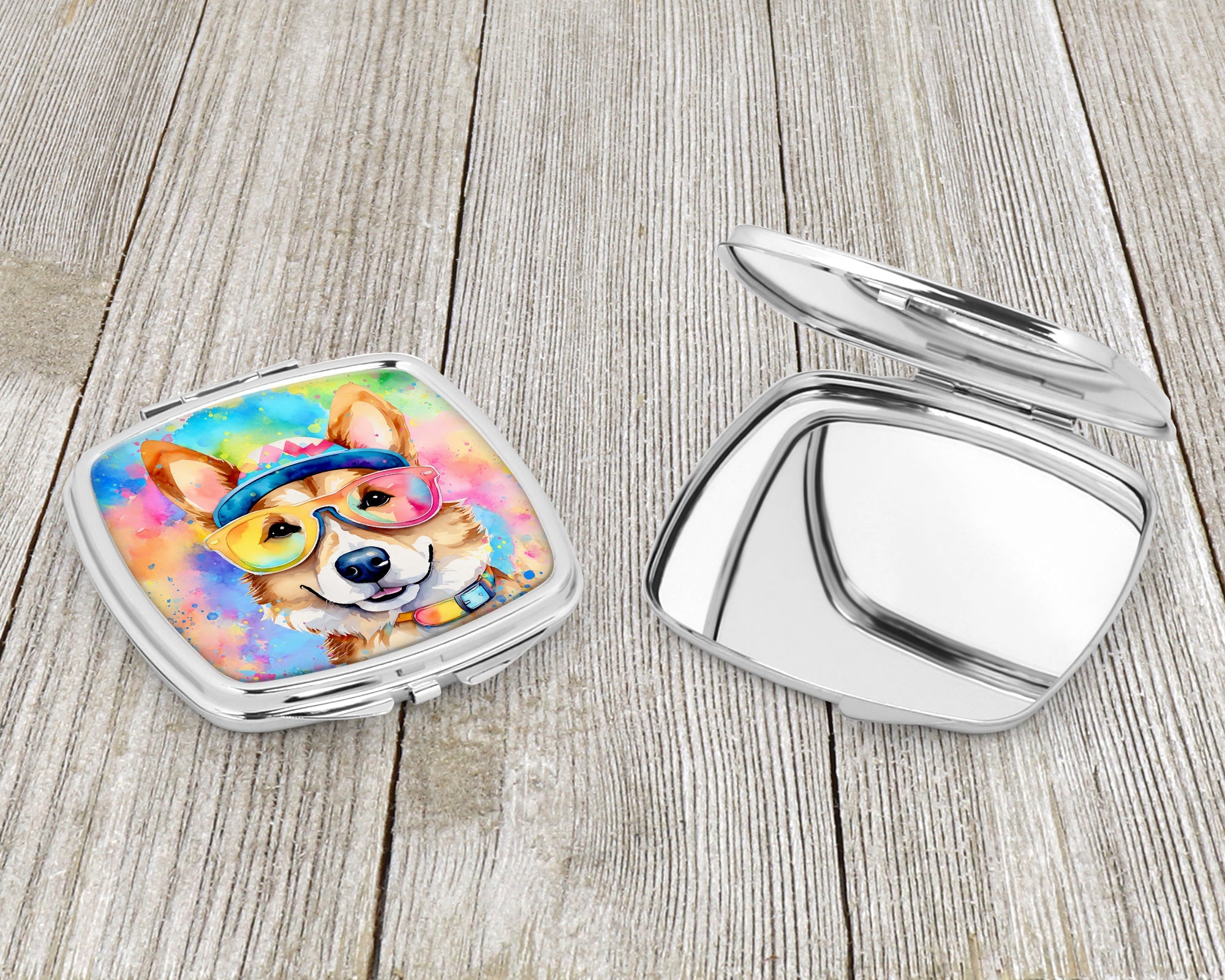 Corgi Hippie Dawg Compact Mirror Decorative Travel Makeup Mirror for Women Girls Gifts Pocket Makeup Mirror Folding Handheld