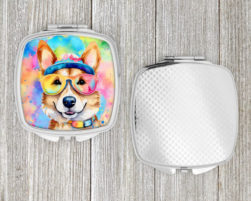 Corgi Hippie Dawg Compact Mirror Decorative Travel Makeup Mirror for Women Girls Gifts Pocket Makeup Mirror Folding Handheld