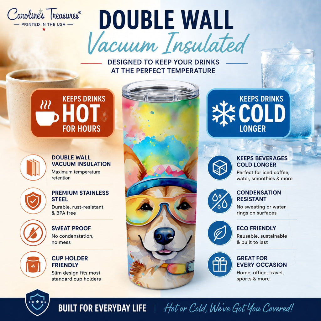 Corgi Hippie Dawg Stainless Steel Skinny Tumbler 20 oz Vacuum Double Walled Reusable Insulated Travel Cup