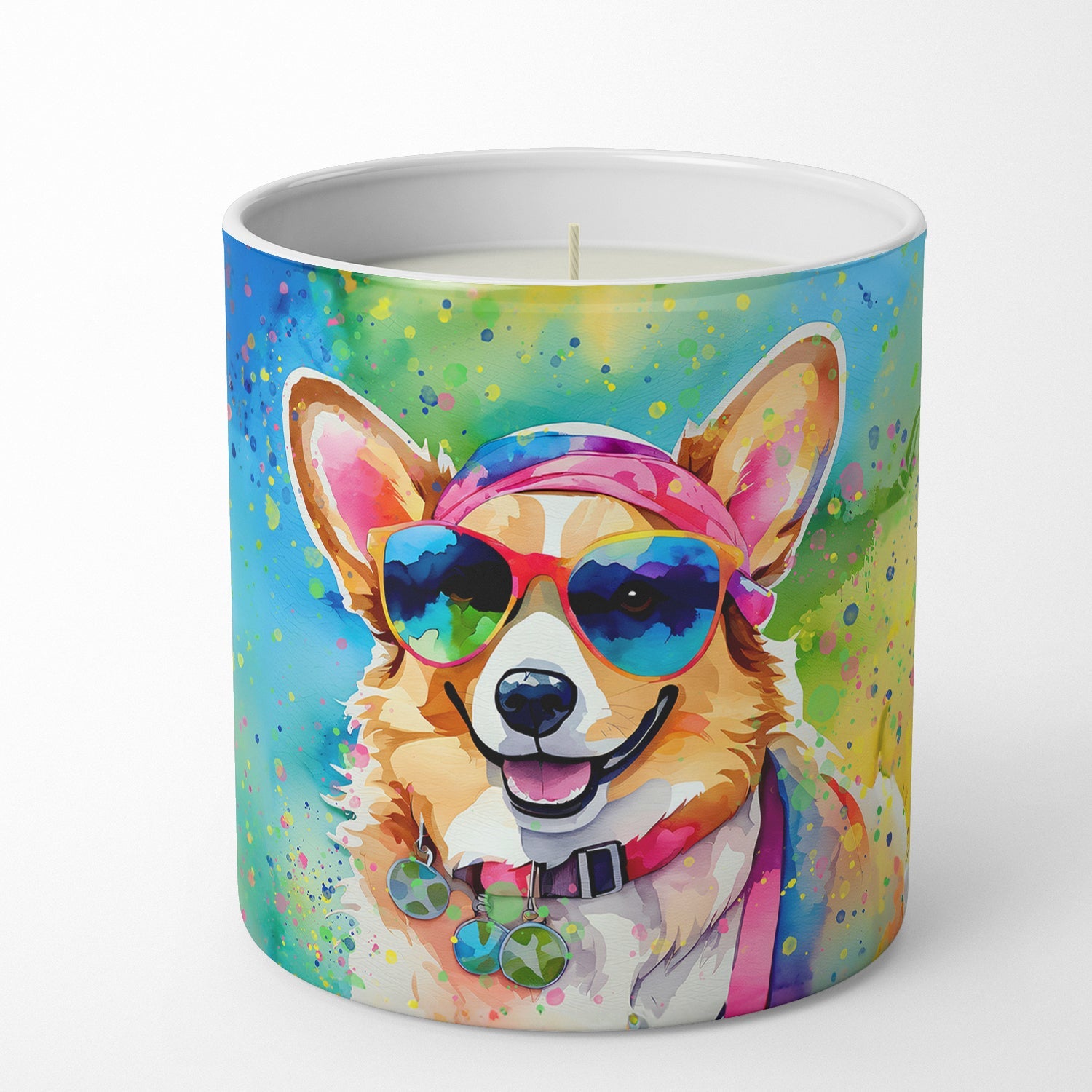 Corgi Hippie Dawg Decorative Soy Candle Nature Soy Wax Essential Oil Home Decor Ideal for Bedroom Kitchen Bath Office Gift, 10 oz