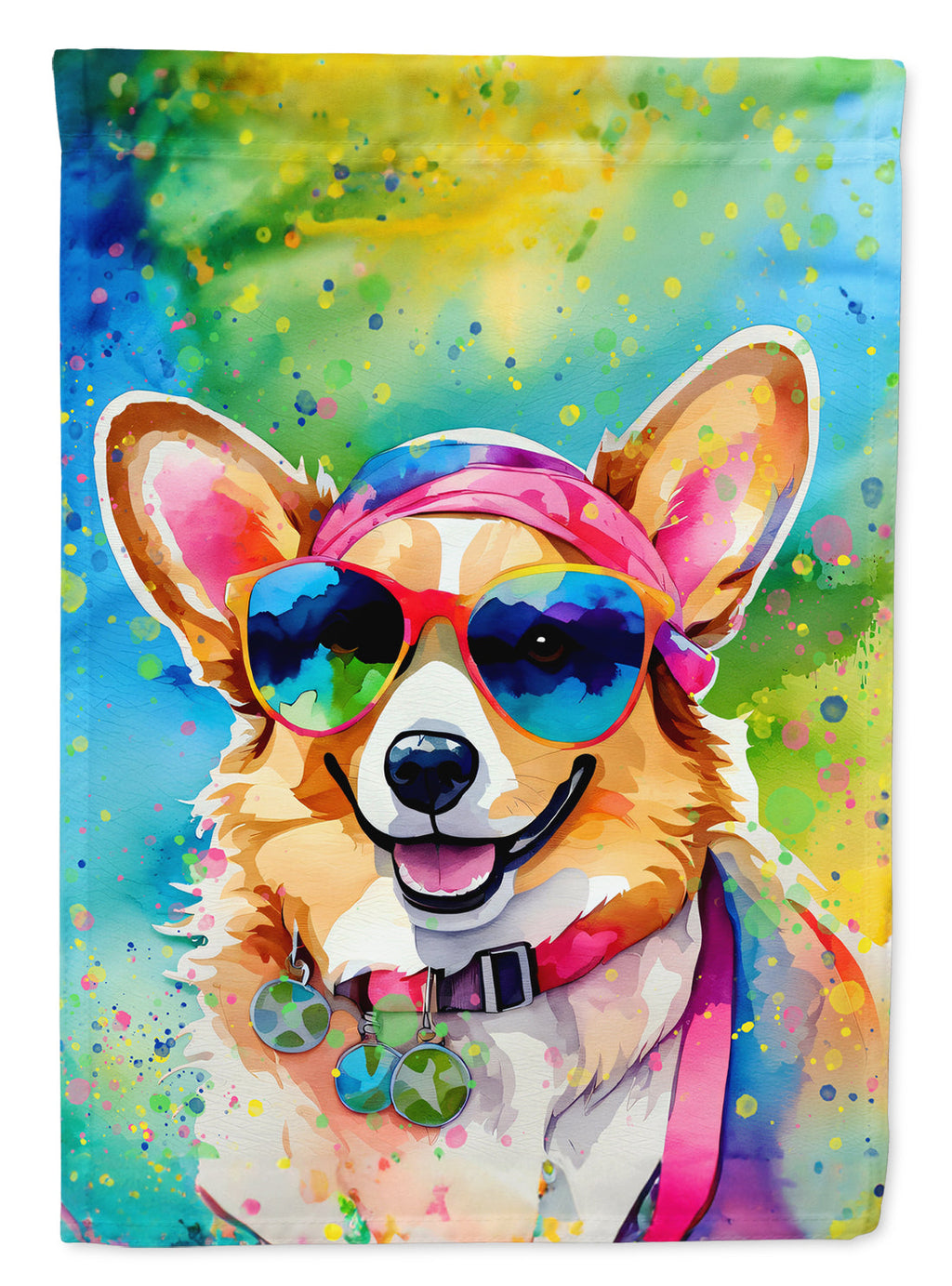 Corgi Hippie Dawg House Flag 28x40 Porch Sleeve Pole Decorative Outside Yard Banner Artwork Wall Hanging, Polyester