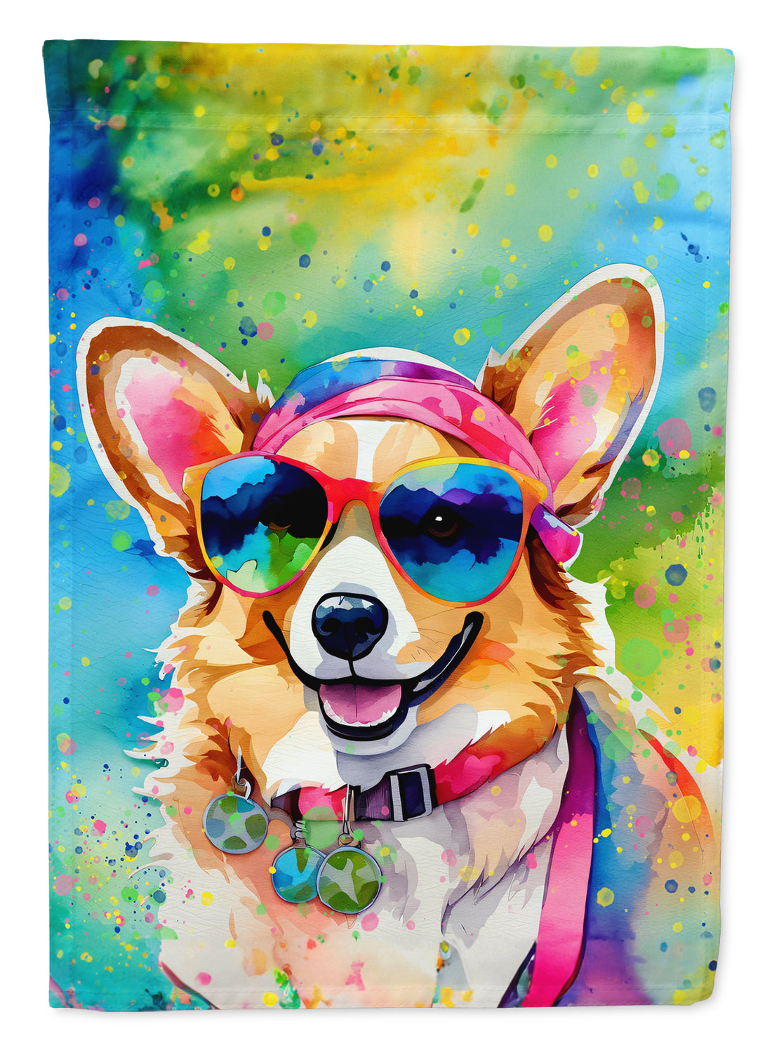 Corgi Hippie Dawg House Flag 28x40 Porch Sleeve Pole Decorative Outside Yard Banner Artwork Wall Hanging, Polyester