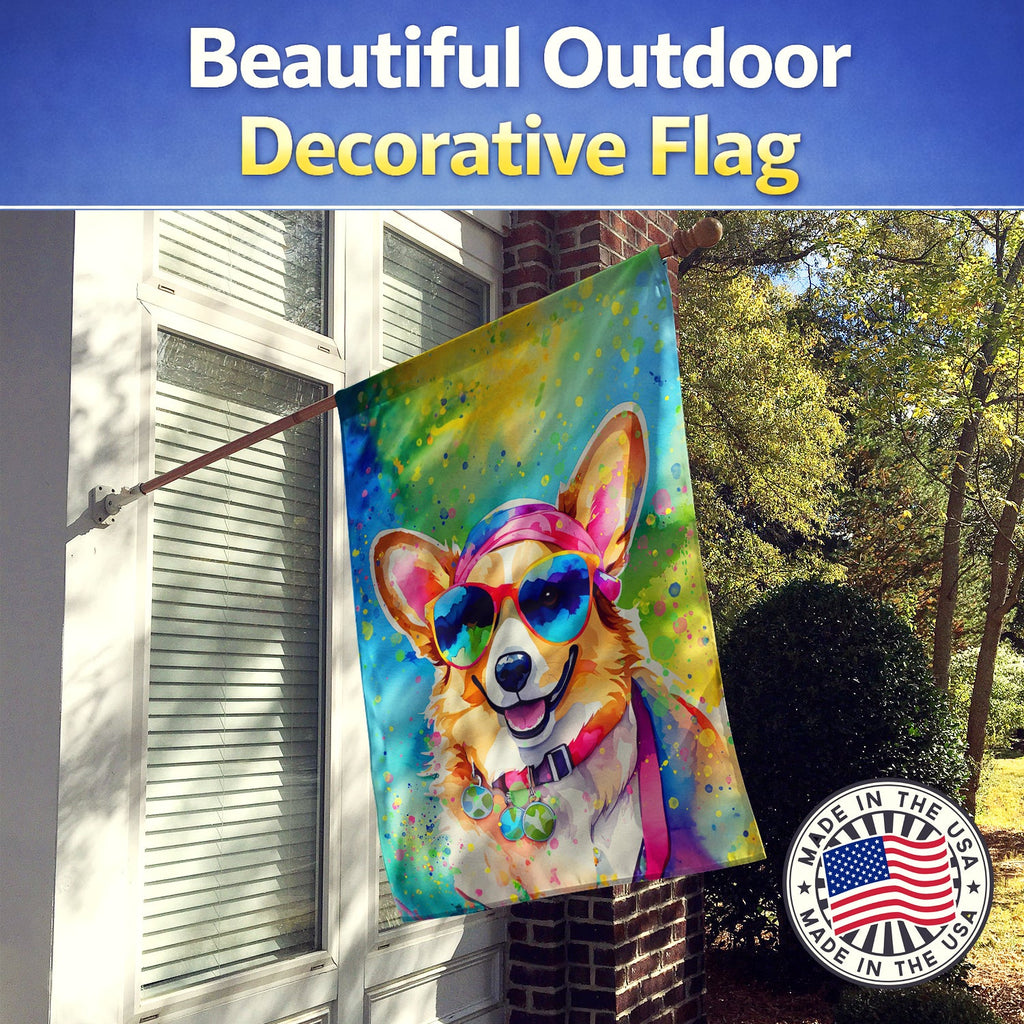 Corgi Hippie Dawg House Flag 28x40 Porch Sleeve Pole Decorative Outside Yard Banner Artwork Wall Hanging, Polyester