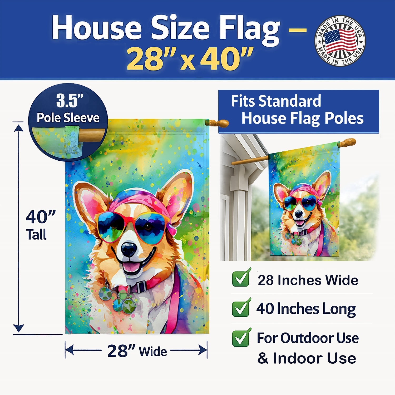 Corgi Hippie Dawg House Flag 28x40 Porch Sleeve Pole Decorative Outside Yard Banner Artwork Wall Hanging, Polyester