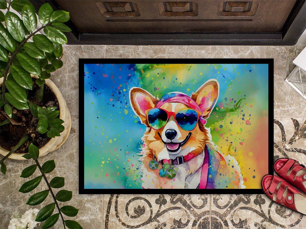 Corgi Hippie Dawg Doormat Indoor Outdoor 24H X 36W Front Door Mat Rugs for Entryway, Non Slip Washable Low Pile,