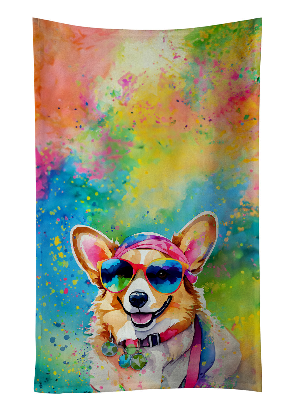 Corgi Hippie Dawg Kitchen Towel Velour Plush Front and Cotton Loop Back Machine Washable