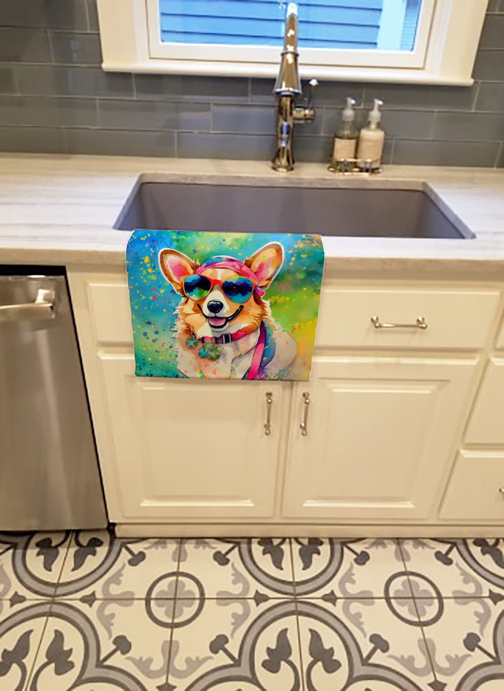 Corgi Hippie Dawg Kitchen Towel Velour Plush Front and Cotton Loop Back Machine Washable