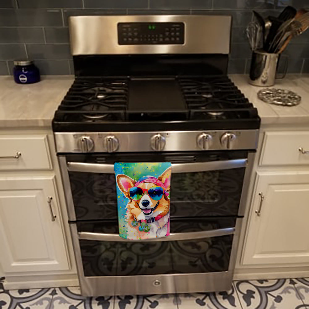 Corgi Hippie Dawg Kitchen Towel Velour Plush Front and Cotton Loop Back Machine Washable