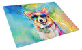 Corgi Hippie Dawg Cutting Board Tempered Glass Kitchen Cutting Surface, Heat Resistant Chopping, Non-Slip Feet, Food Prep & Serving